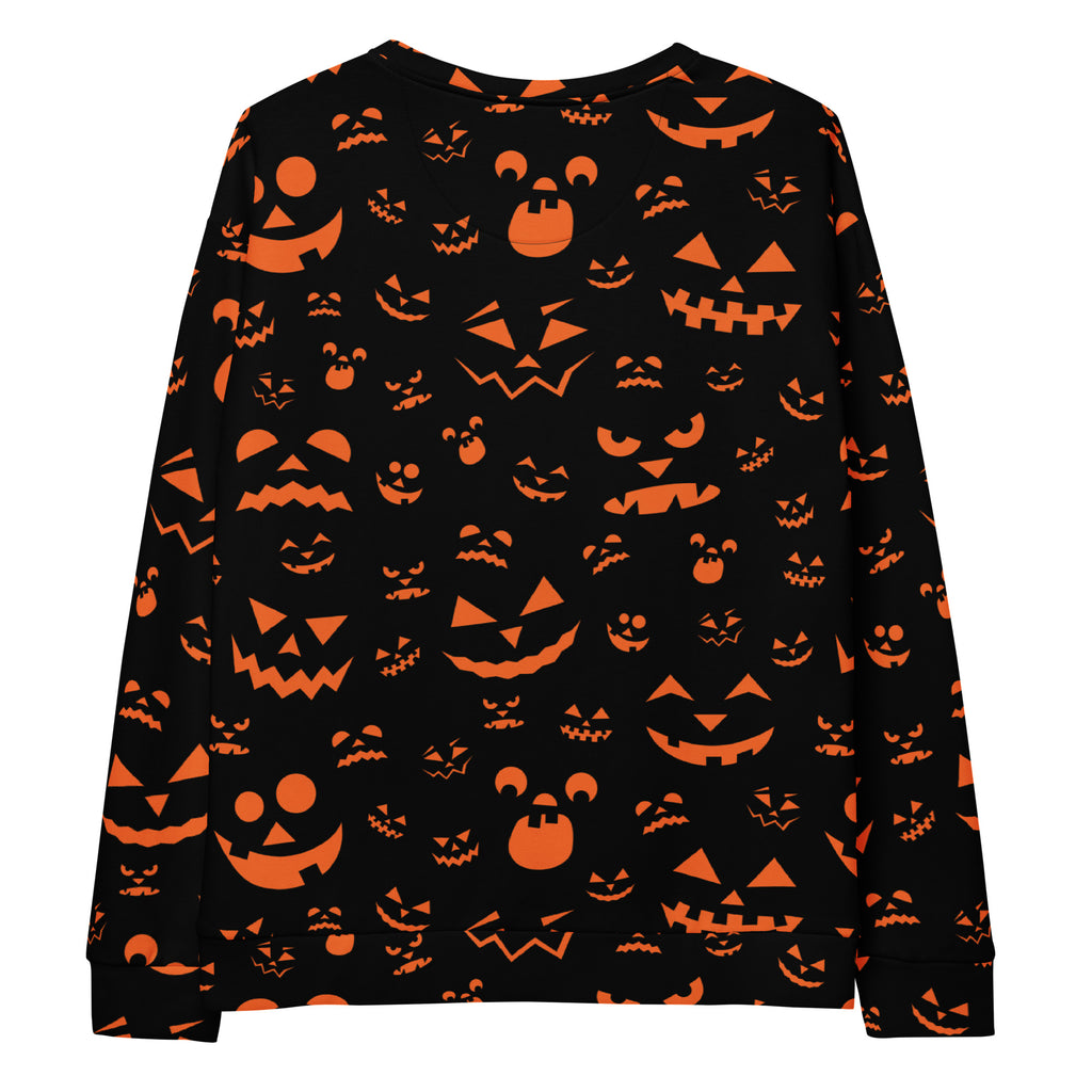 Black long-sleeved sweatshirt with vibrant orange jack-o-lantern face and brushed inner fleece fabric for halloween