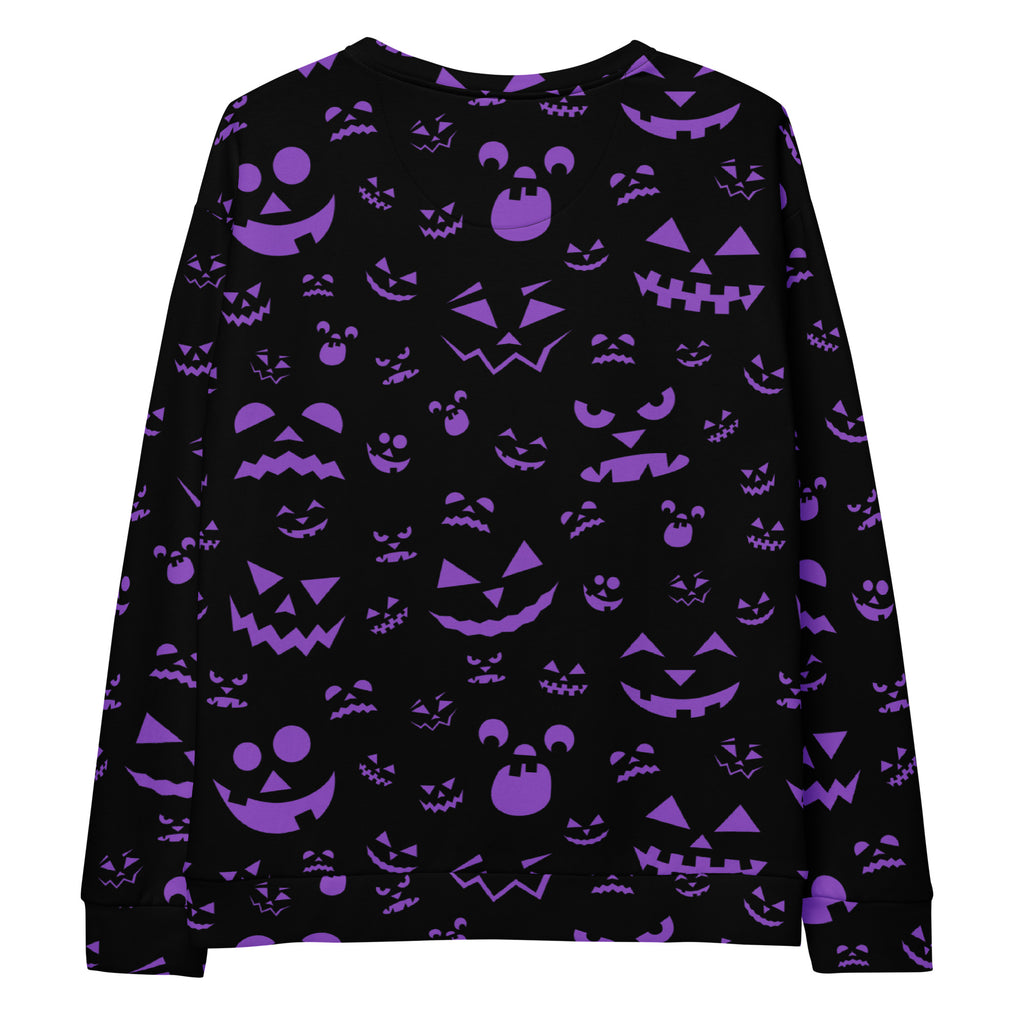 Black long-sleeved sweatshirt with vibrant purple jack-o-lantern print and brushed inner fleece fabric for halloween