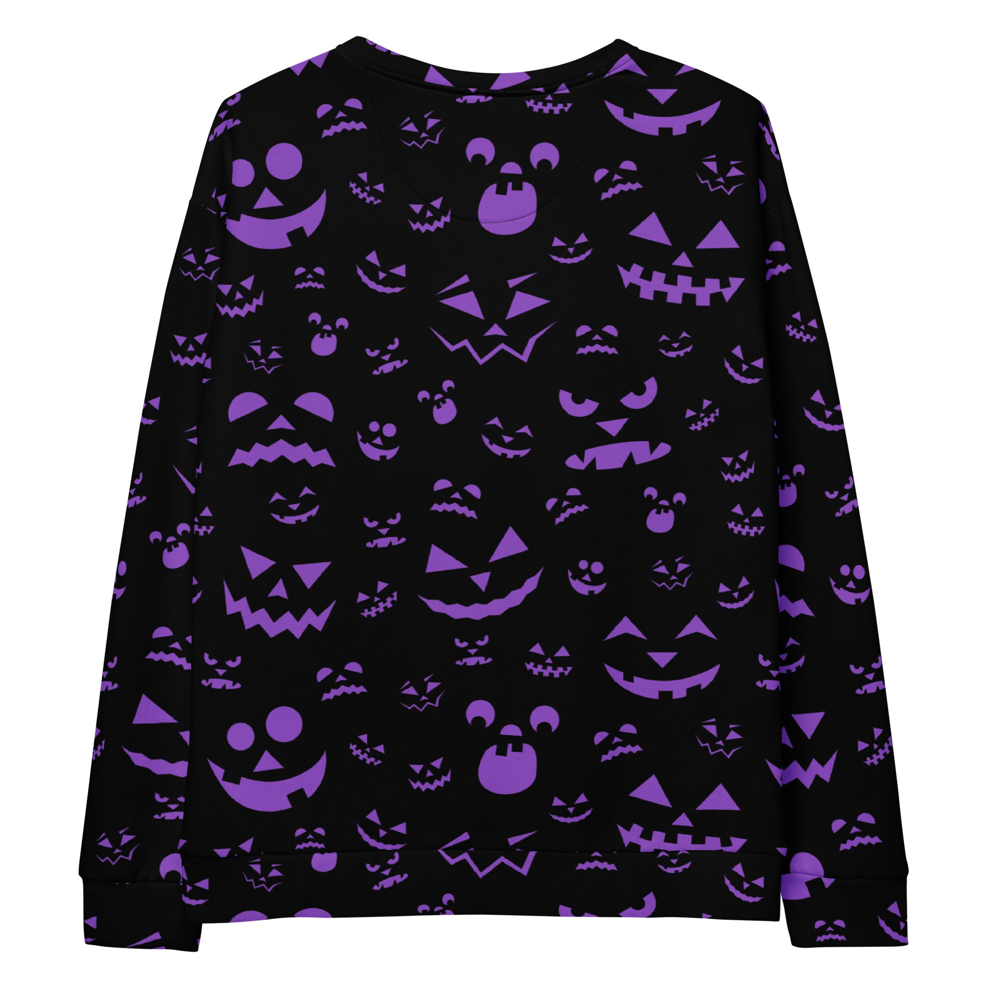 Black long-sleeved sweatshirt with vibrant purple jack-o-lantern print and brushed inner fleece fabric for halloween