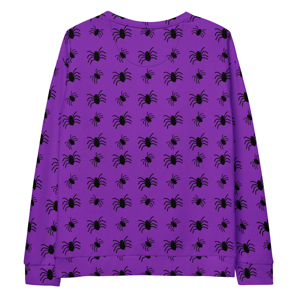 Purple spider halloween sweatshirt with black spider silhouettes and brushed inner fleece fabric long sleeves