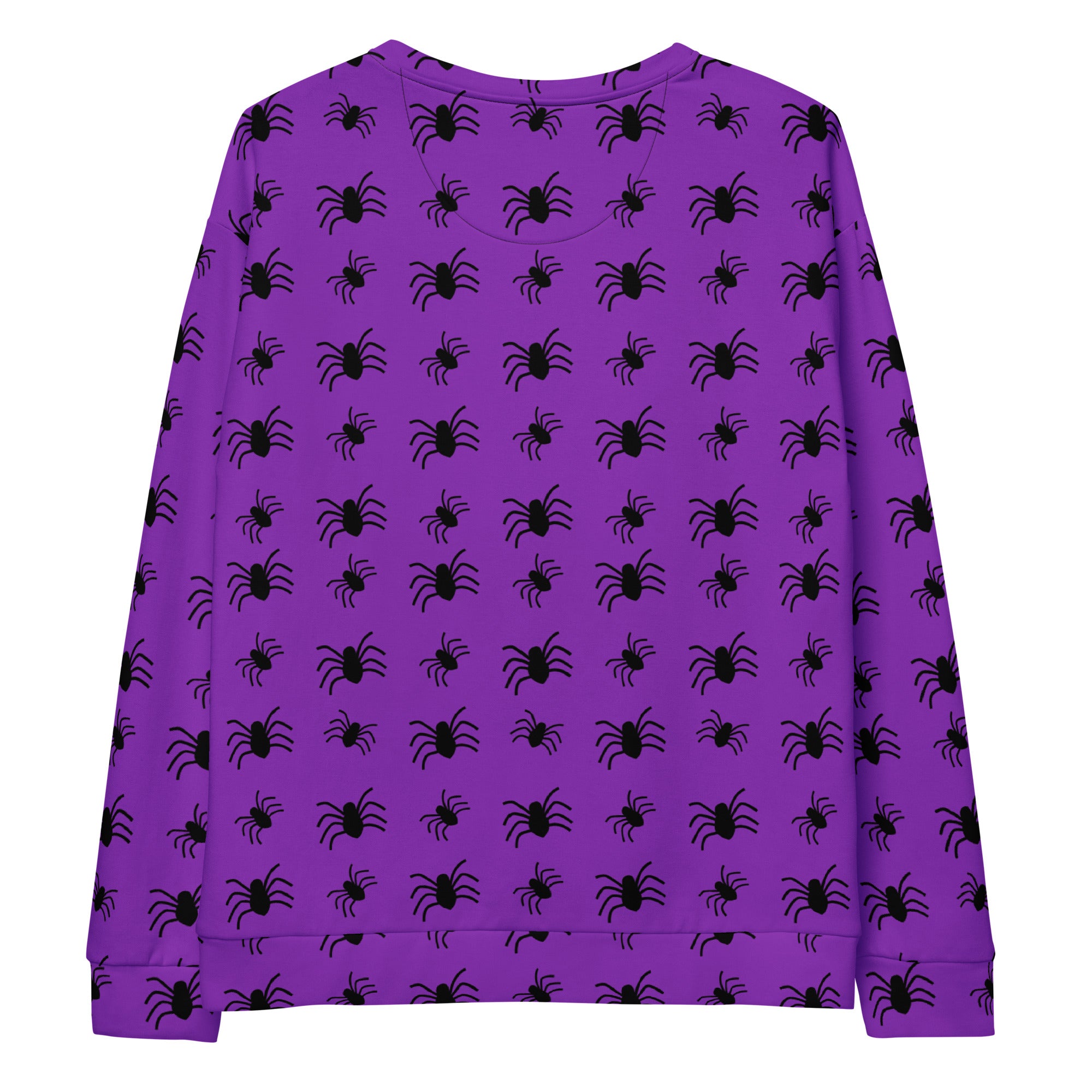 Purple spider halloween sweatshirt with black spider silhouettes and brushed inner fleece fabric long sleeves