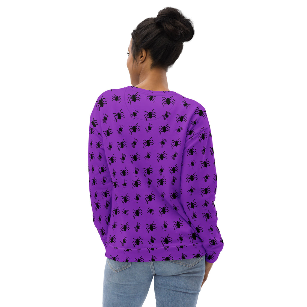 Purple spider halloween sweatshirt with long sleeves brushed inner fleece fabric for cozy fall wear