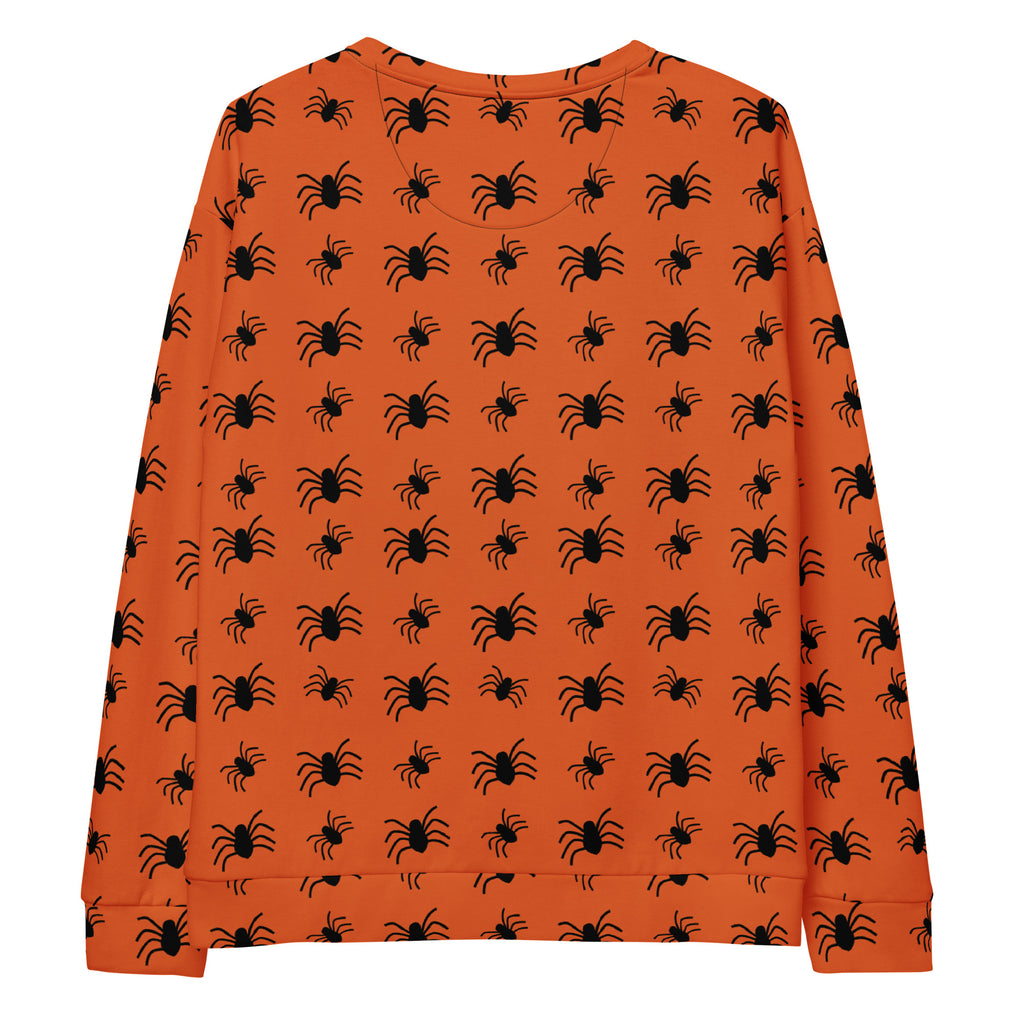 Orange long-sleeved recycled sweatshirt with black spider pattern and brushed inner fleece fabric for Halloween