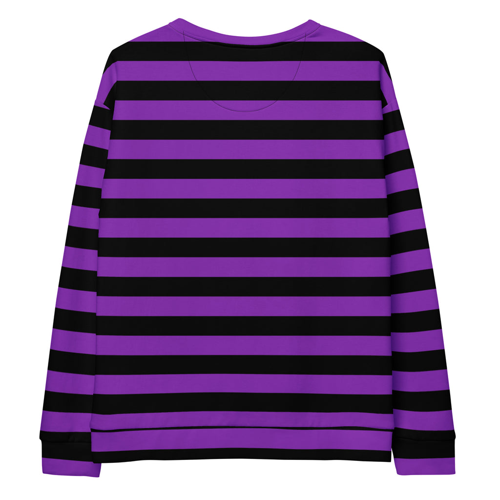 Purple and black striped halloween long-sleeved recycled sweatshirt with brushed inner fleece fabric front view