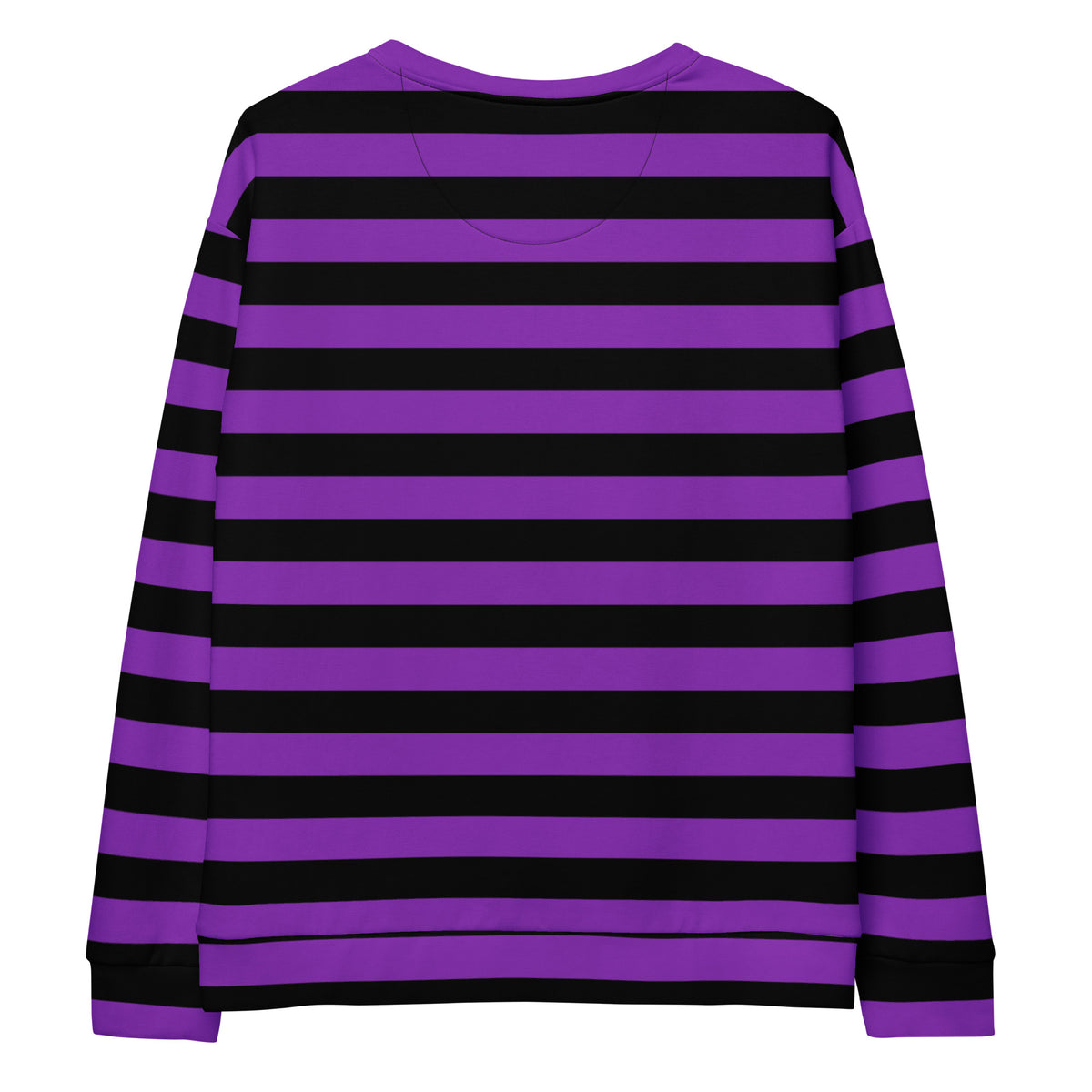 Purple and black striped halloween long-sleeved recycled sweatshirt with brushed inner fleece fabric front view