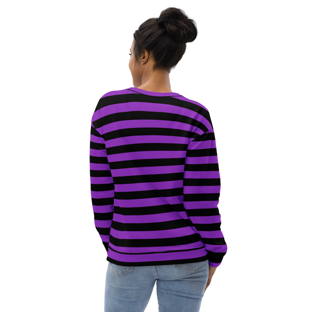 A purple and black striped recycled sweatshirt with brushed inner fleece fabric and a round neckline for Halloween