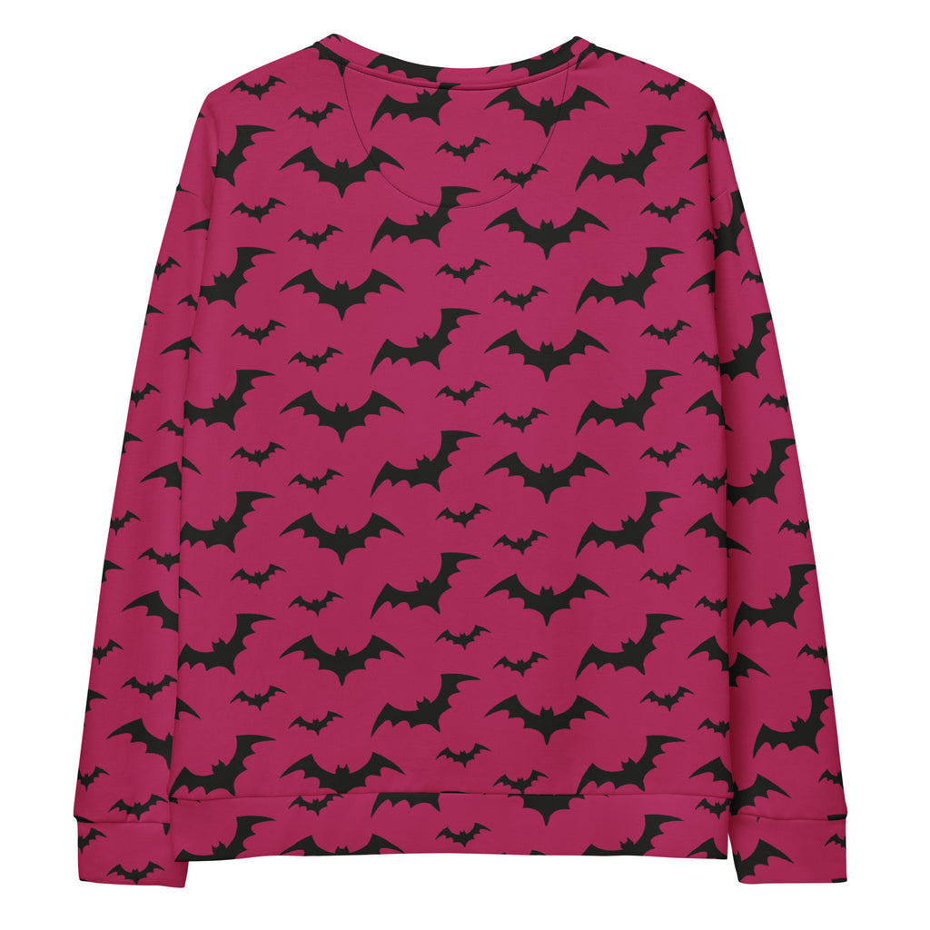 Pink bat halloween sweatshirt with vibrant magenta color black bat pattern and brushed inner fleece fabric
