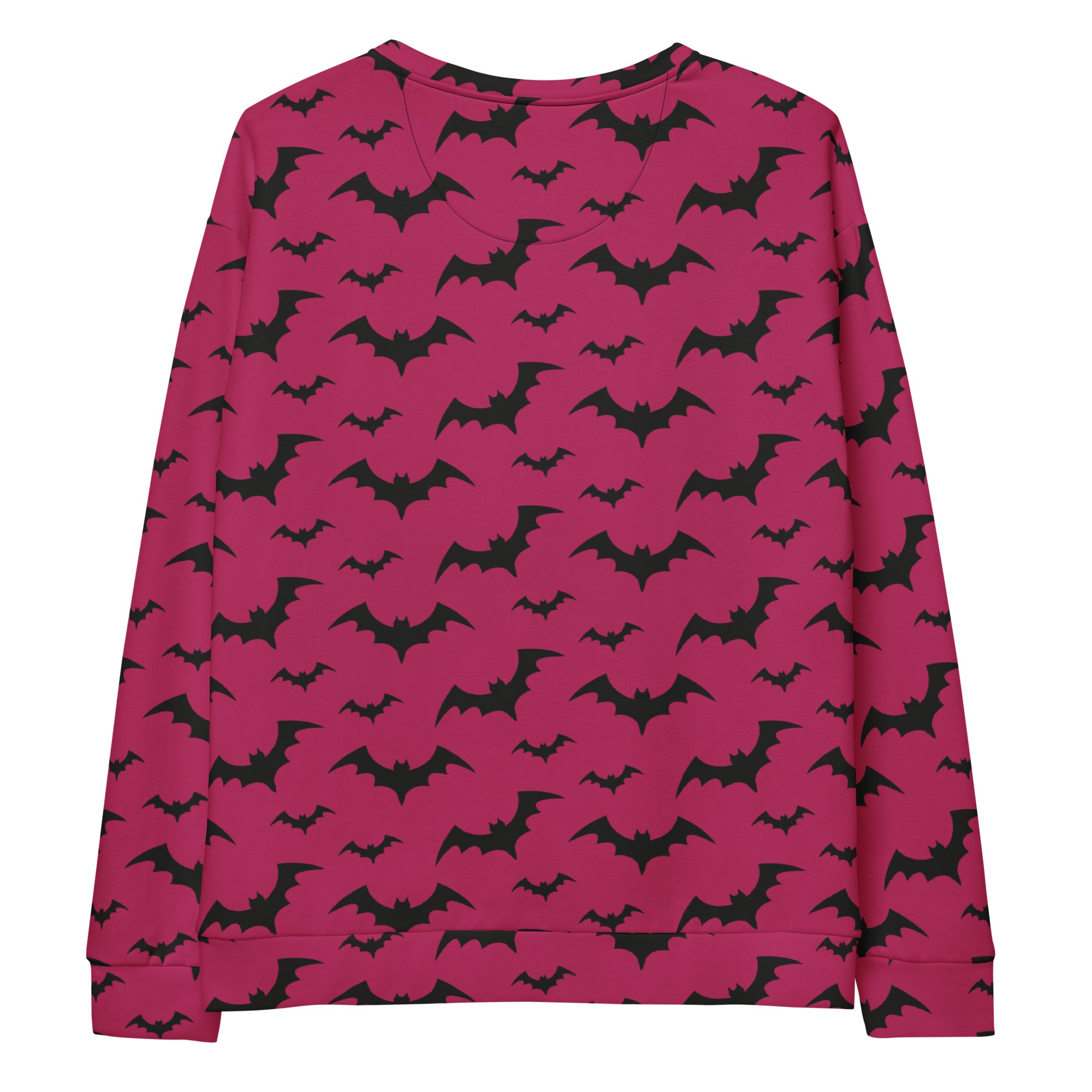 Pink bat halloween sweatshirt with vibrant magenta color black bat pattern and brushed inner fleece fabric