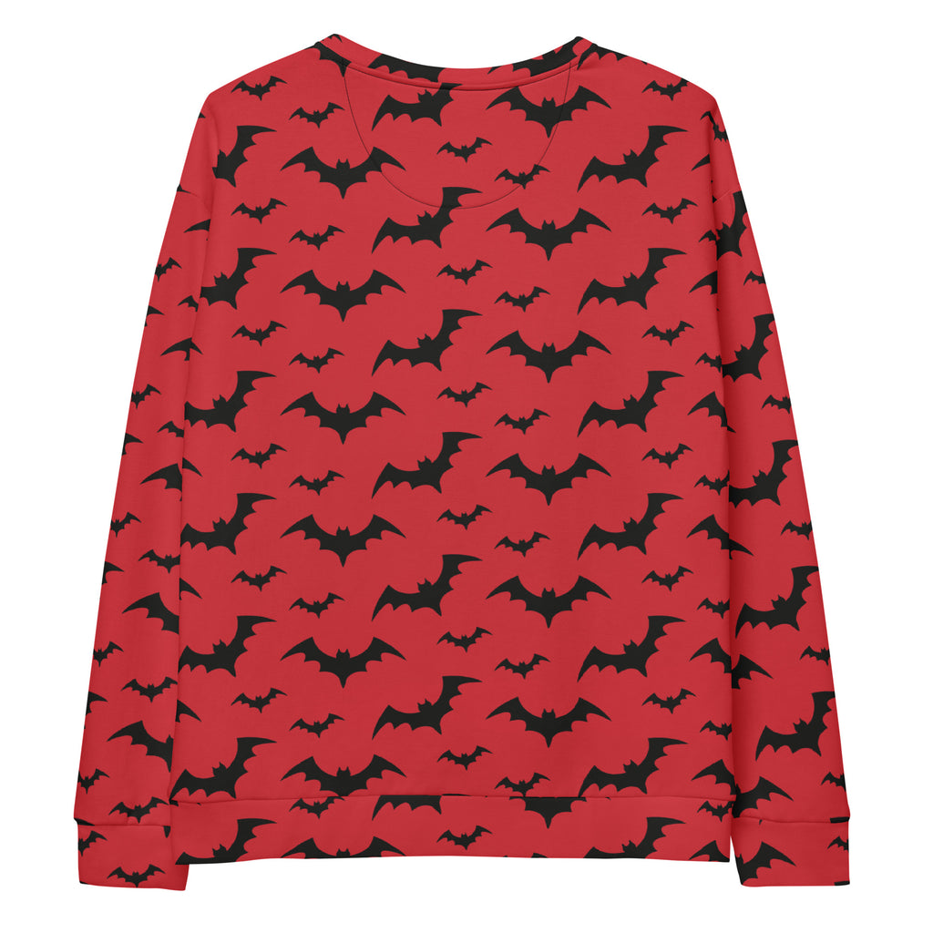 Red long-sleeved bat halloween sweatshirt with black pattern and brushed inner fleece fabric