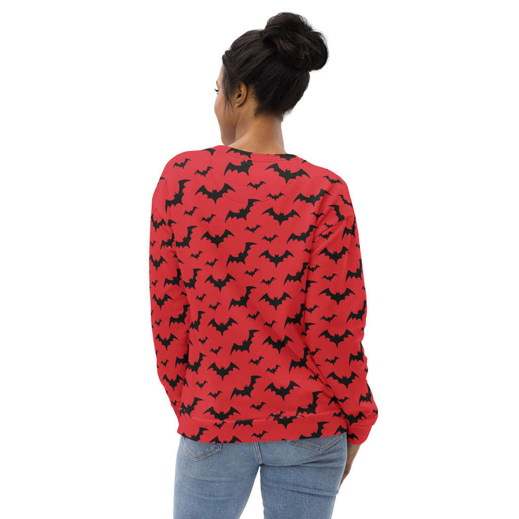 Red long-sleeved sweatshirt with black bat pattern and brushed inner fleece fabric for Halloween wear
