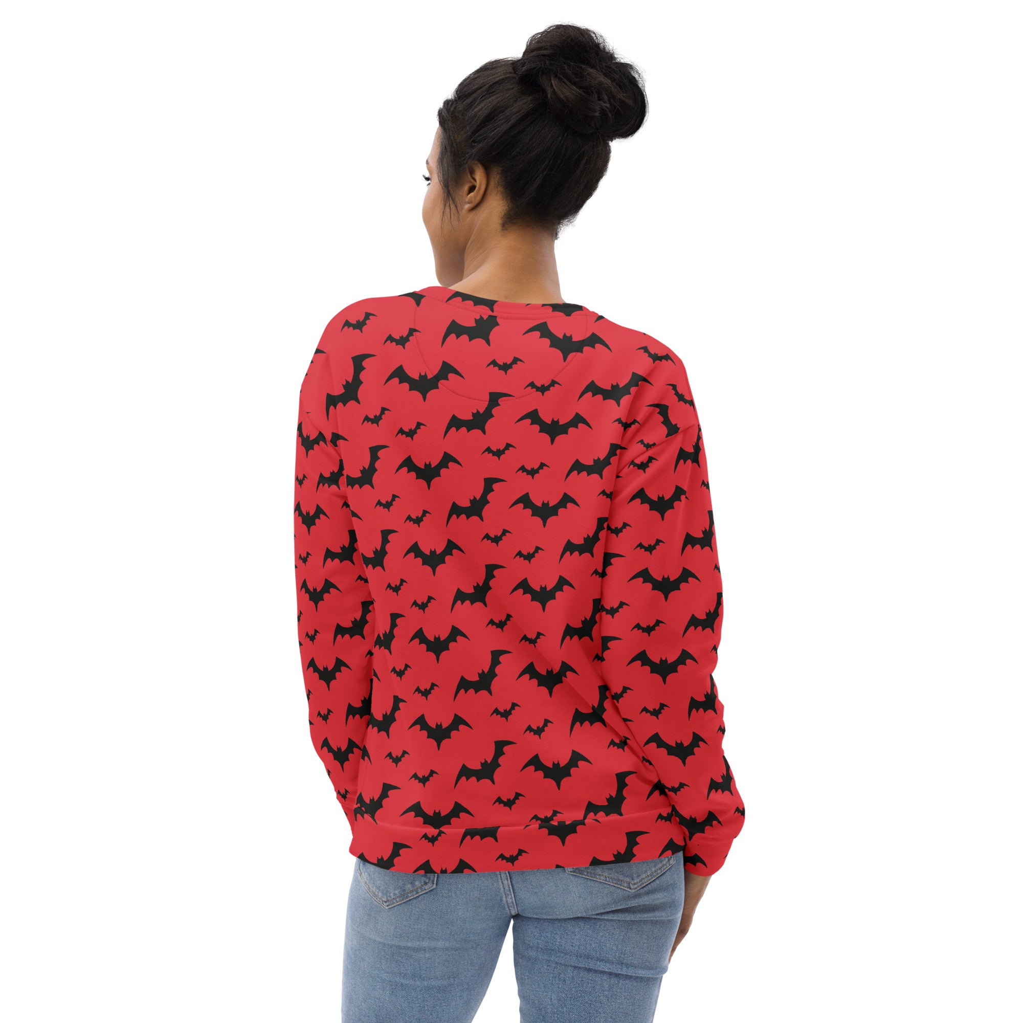 Red long-sleeved sweatshirt with black bat pattern and brushed inner fleece fabric for Halloween wear