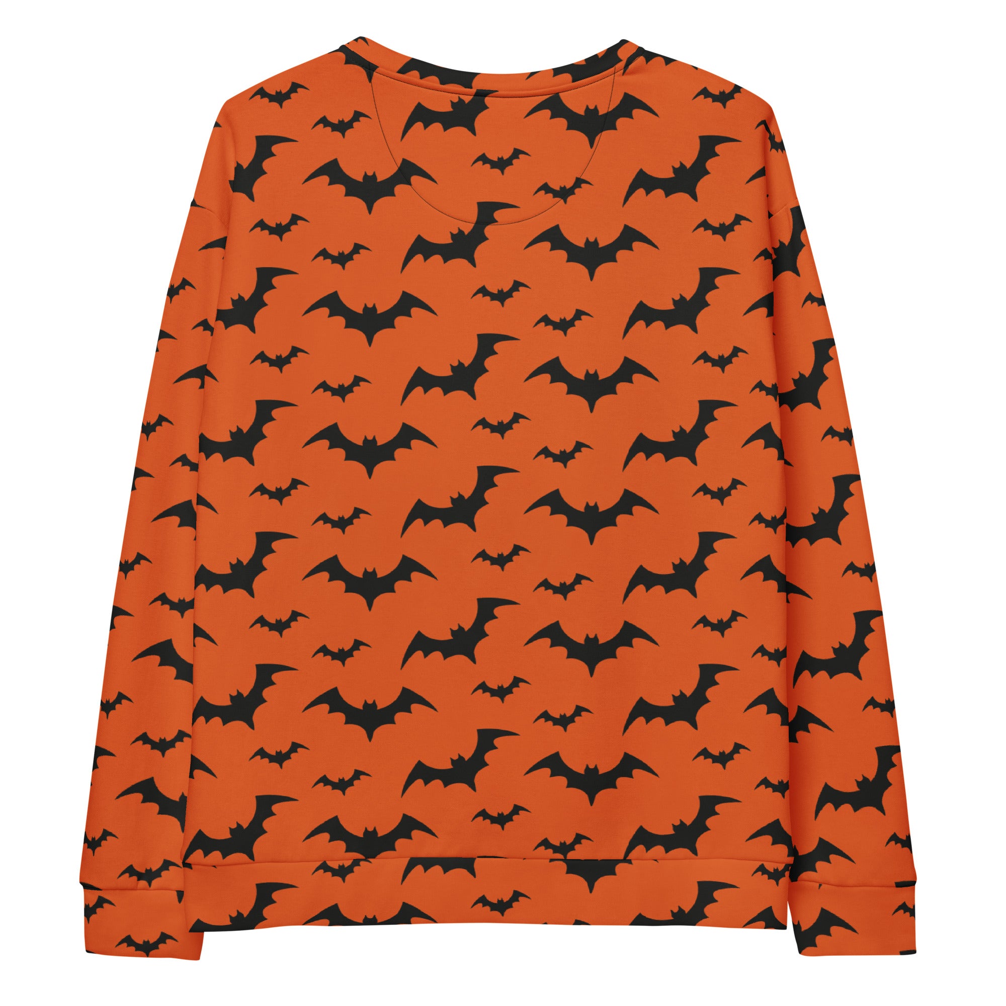 Orange long-sleeved sweatshirt with black bat patterns and brushed inner fleece fabric for Halloween wear