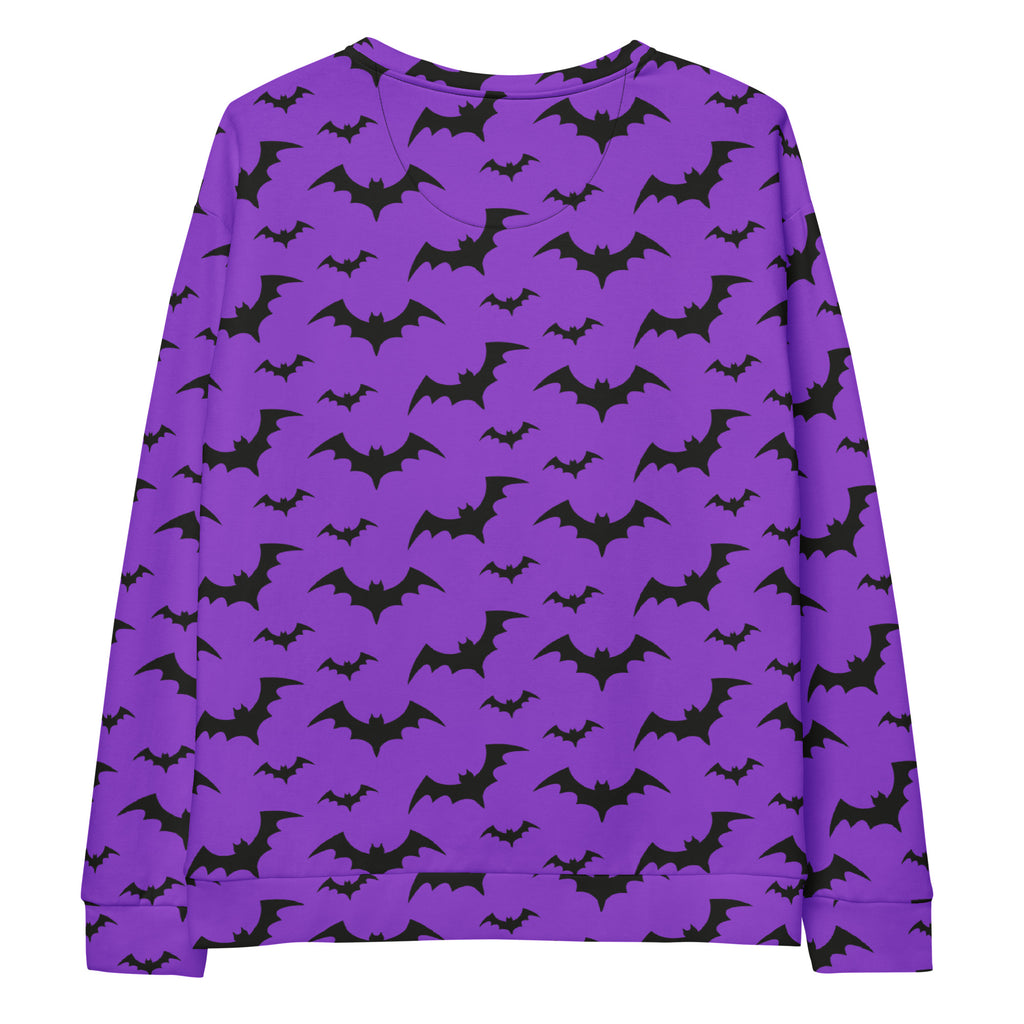 Purple long-sleeved sweatshirt with black bat patterns and brushed inner fleece fabric for Halloween wear
