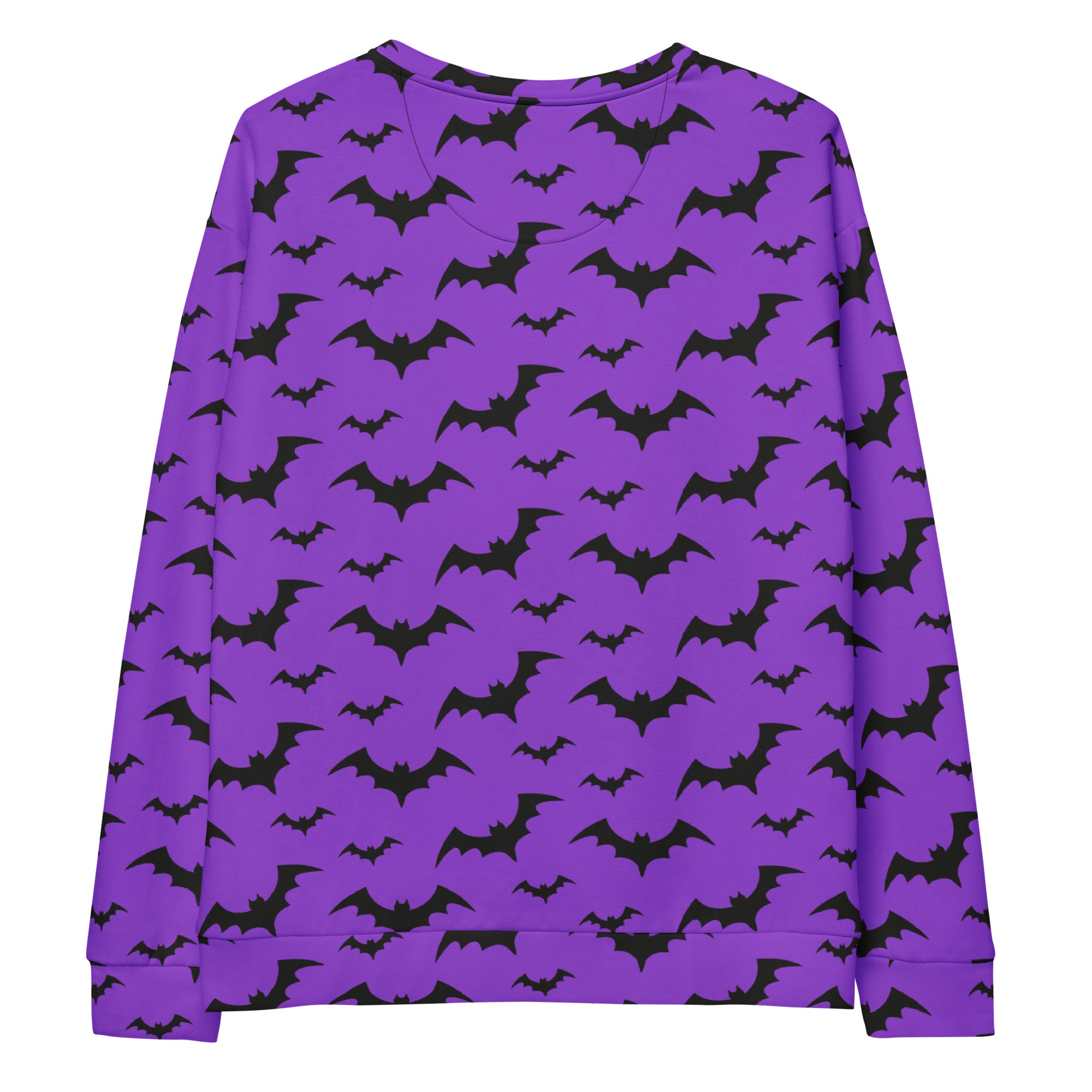 Purple long-sleeved sweatshirt with black bat patterns and brushed inner fleece fabric for Halloween wear