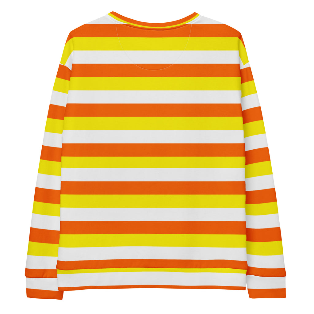 Candy corn stripes halloween sweatshirt with bold orange yellow white stripes and brushed inner fleece fabric