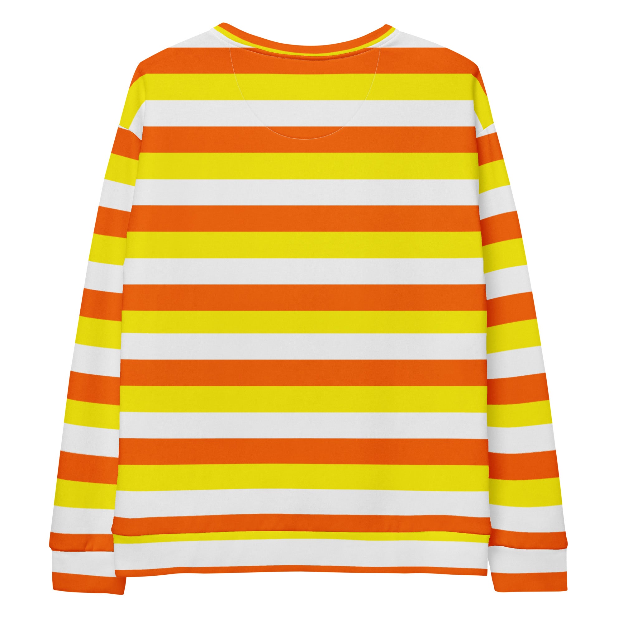Candy corn stripes halloween sweatshirt with bold orange yellow white stripes and brushed inner fleece fabric