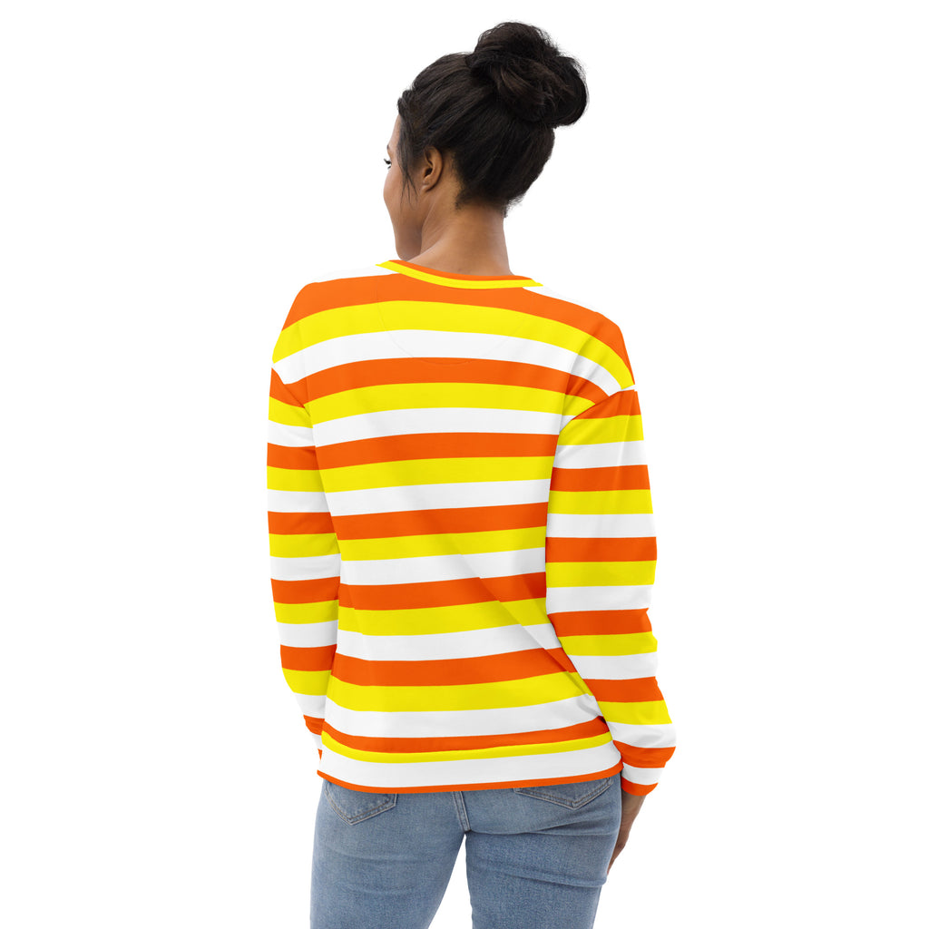 A vibrant candy corn stripes halloween sweatshirt with bold orange yellow and white stripes and brushed fleece fabric