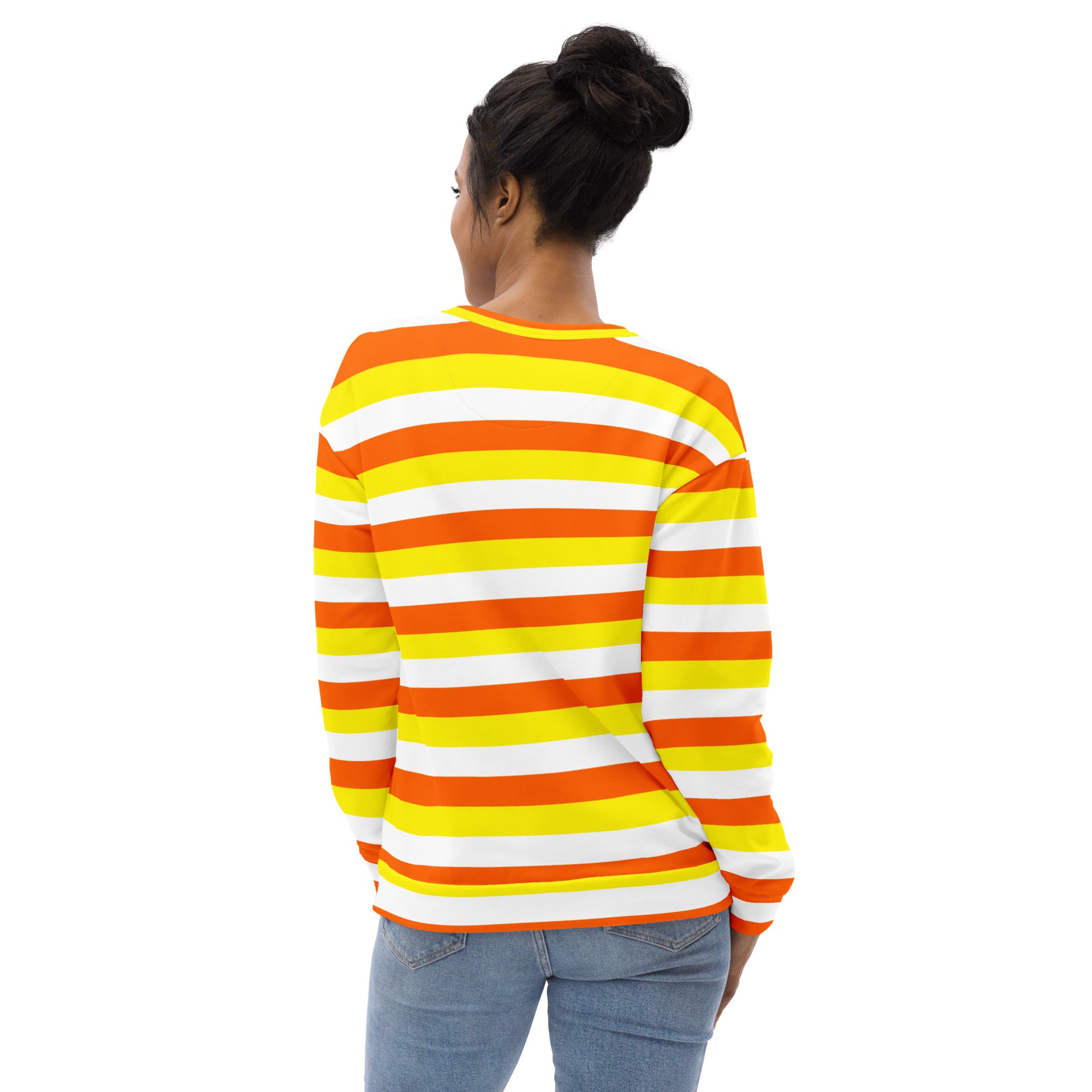 A vibrant candy corn stripes halloween sweatshirt with bold orange yellow and white stripes and brushed fleece fabric