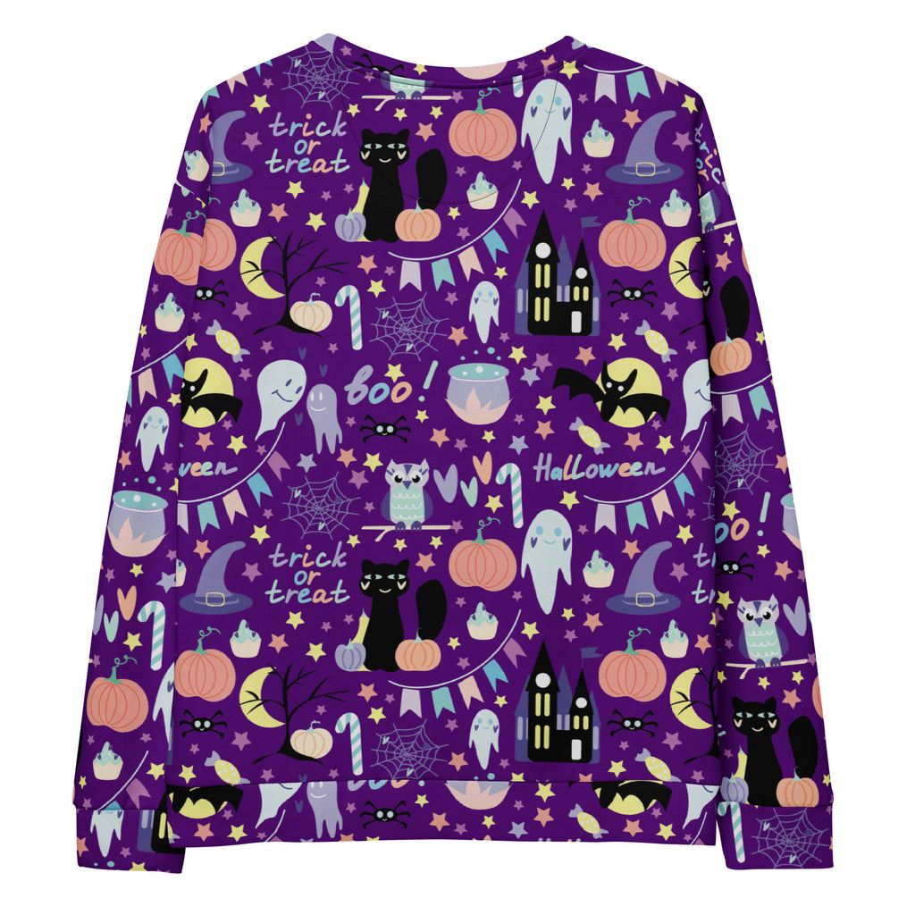 Purple halloween sweatshirt with brushed fleece featuring black cats pumpkins ghosts bats and candy canes motifs