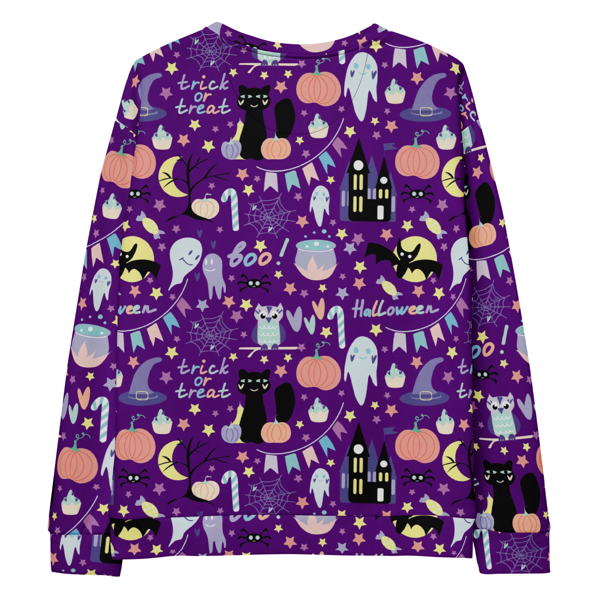 Purple halloween sweatshirt with brushed fleece featuring black cats pumpkins ghosts bats and candy canes motifs