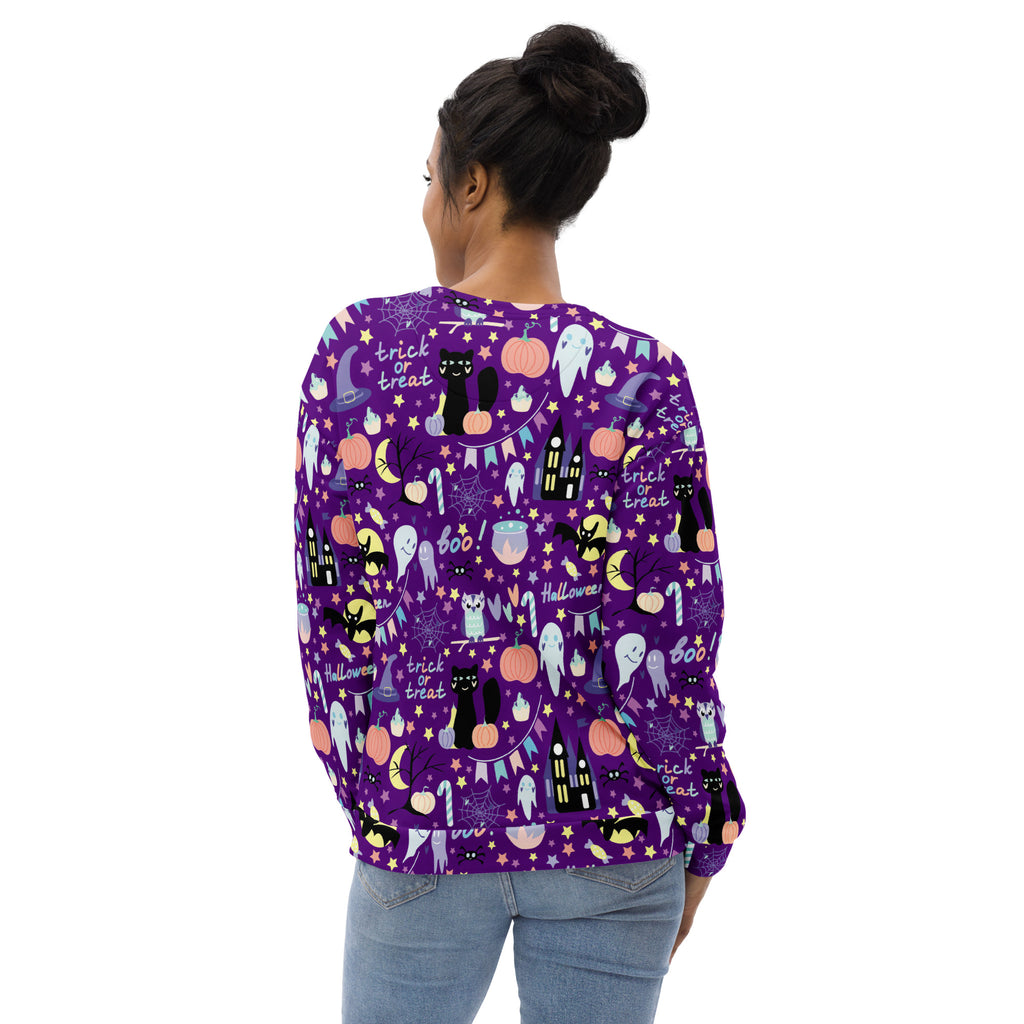 Purple halloween sweatshirt with brushed fleece fabric featuring black cats pumpkins ghosts and trick or treat text pattern
