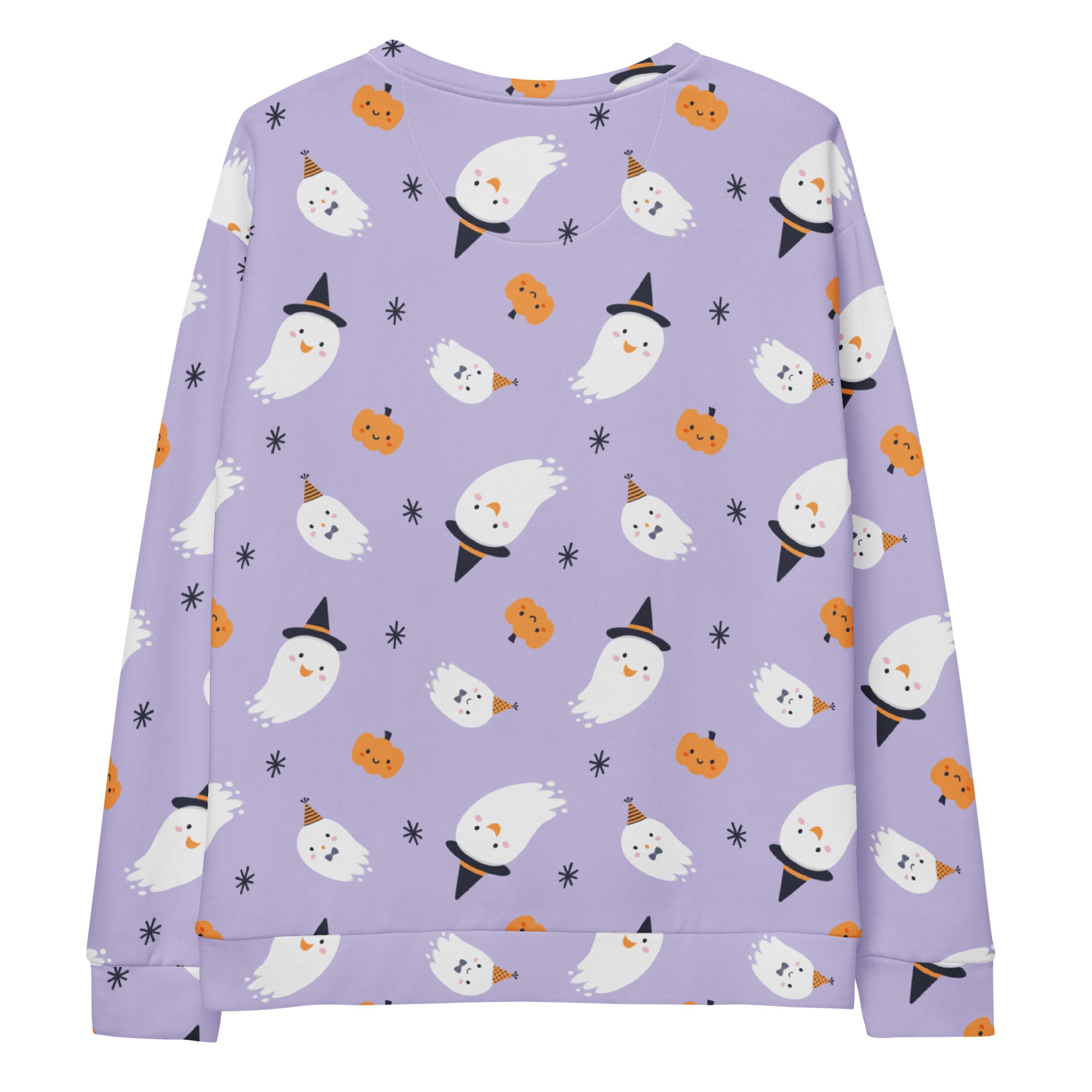 Lavender Halloween witch ghost sweatshirt with playful white ghost and orange pumpkin pattern and brushed fleece fabric