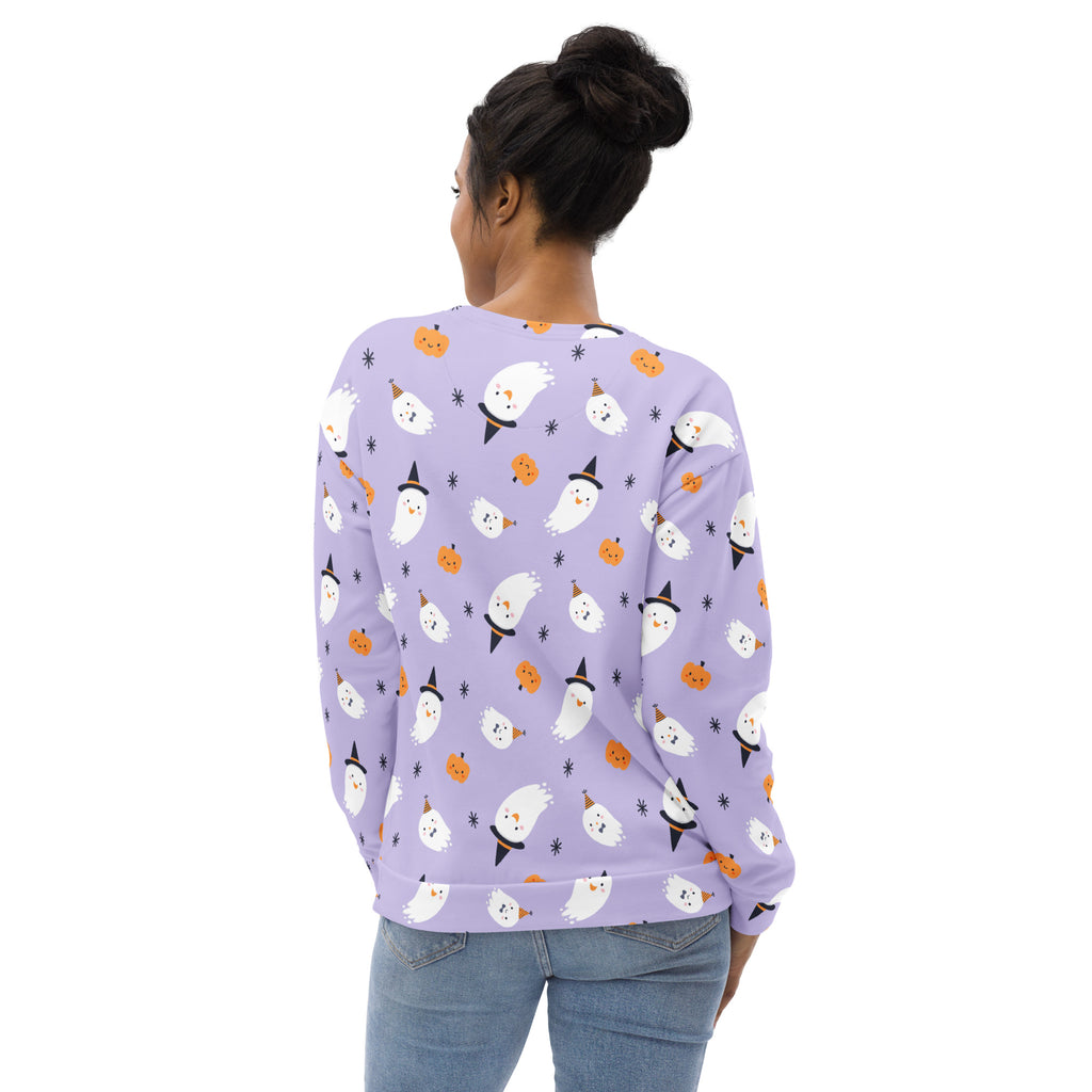 Lavender halloween witch ghost sweatshirt with white ghosts and orange pumpkins made of brushed inner fleece fabric