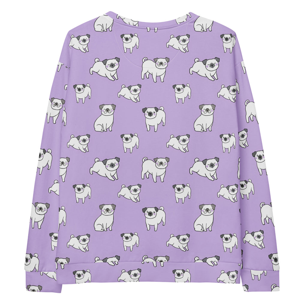 Purple pug sweatshirt with brushed inner fleece fabric featuring a lavender base and white cartoon pug pattern