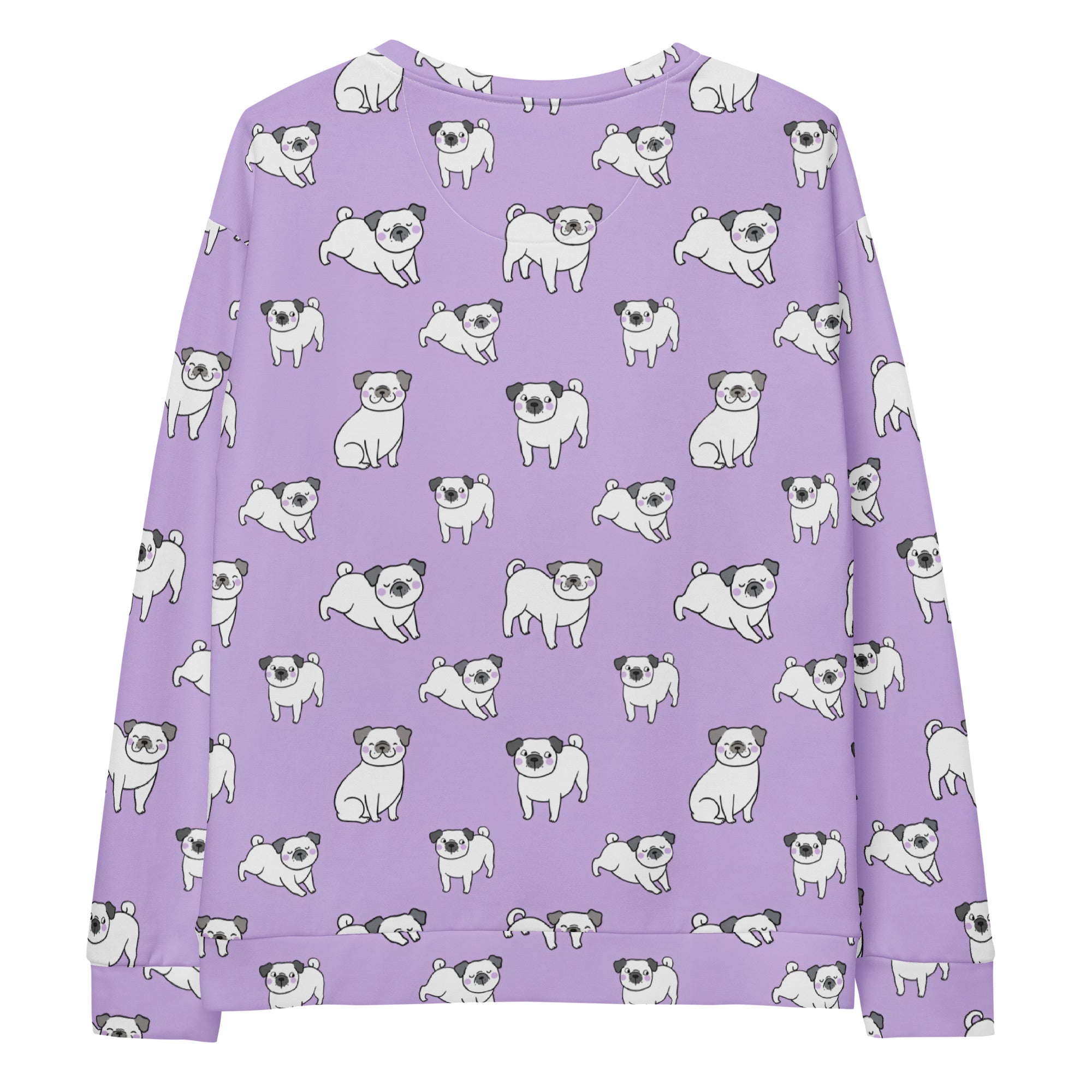 Purple pug sweatshirt with brushed inner fleece fabric featuring a lavender base and white cartoon pug pattern