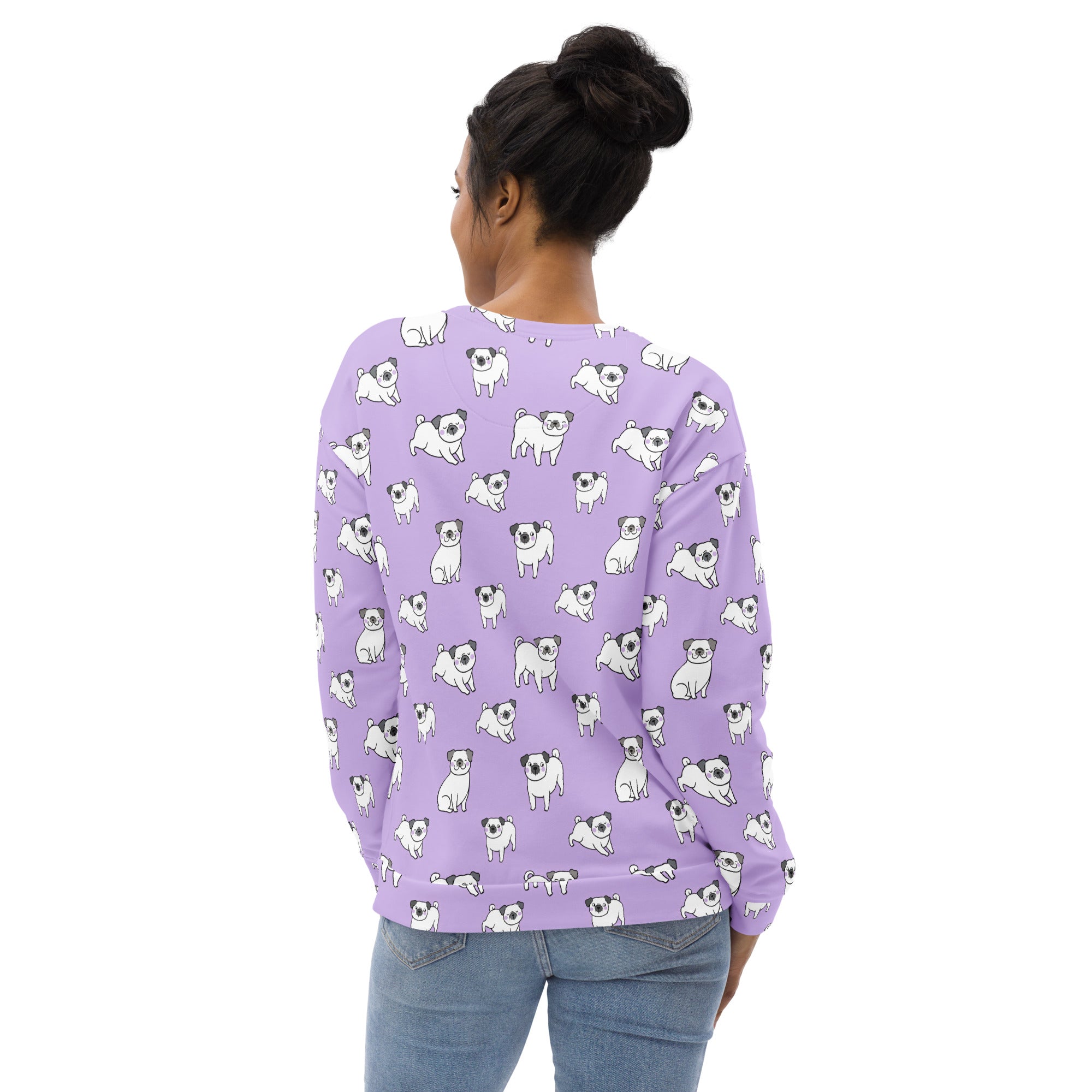 A lavender long-sleeved sweatshirt with white pug illustrations and brushed inner fleece fabric for warmth