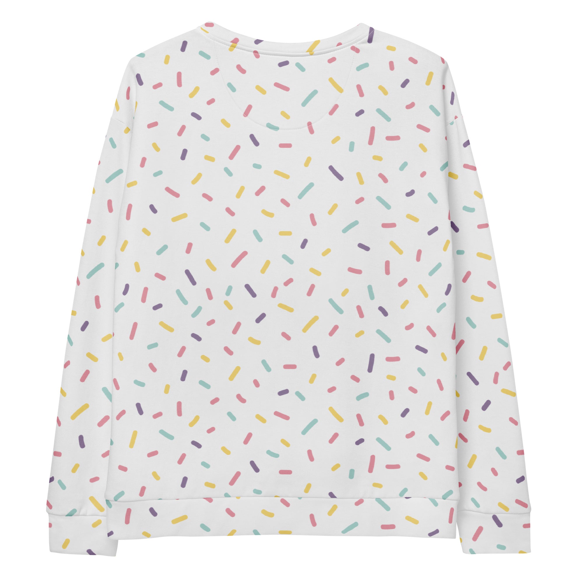 White long-sleeved sweatshirt with pastel colorful sprinkles and brushed inner fleece fabric for warmth and comfort