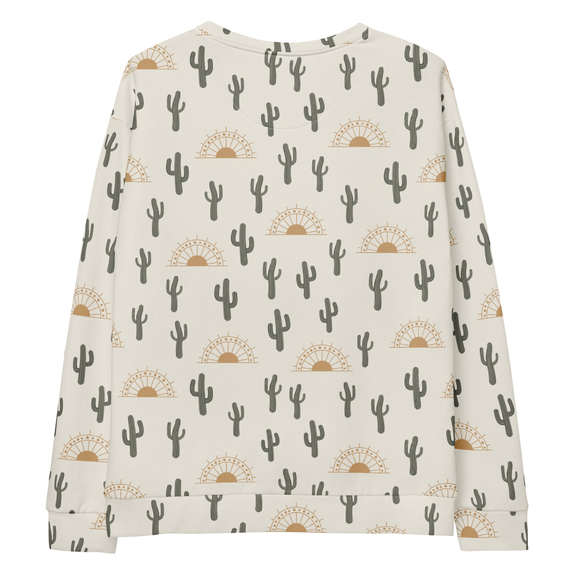 Cream-colored long-sleeved cactus desert sunrise sweatshirt with gray cactus pattern and brushed inner fleece fabric