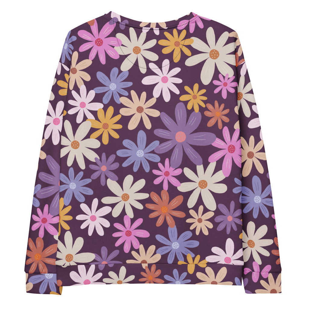 Purple long-sleeved sweatshirt with vibrant cartoon floral pattern and brushed inner fleece fabric for warmth