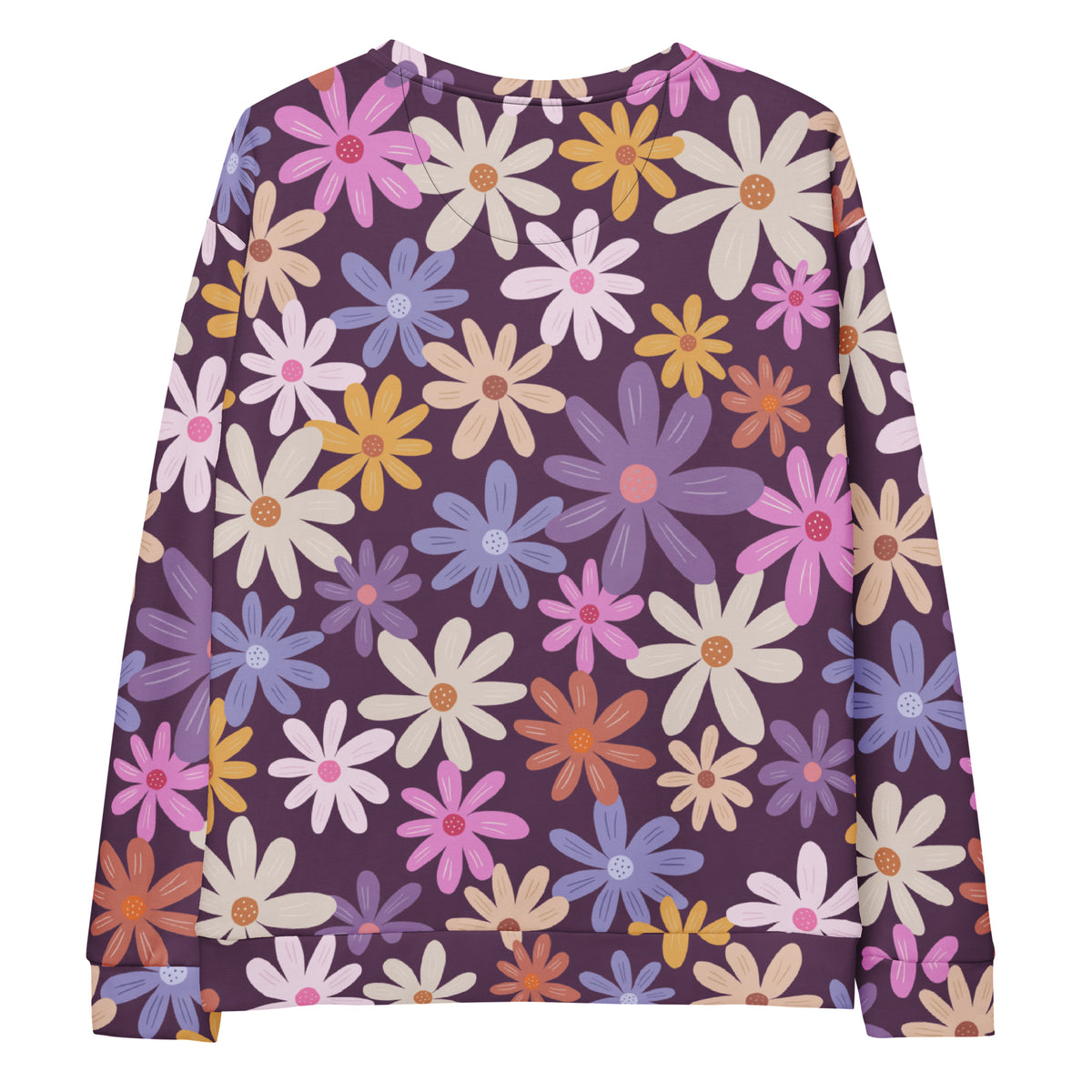 Purple long-sleeved sweatshirt with vibrant cartoon floral pattern and brushed inner fleece fabric for warmth