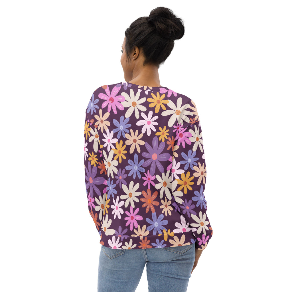 Purple floral flowers sweatshirt with brushed inner fleece fabric featuring multicolored daisy pattern