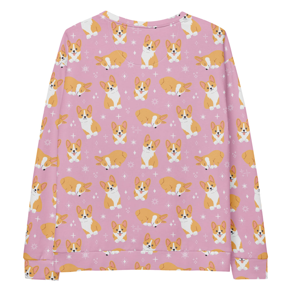 Pink corgi dog sweatshirt with brushed inner fleece fabric featuring a cartoon corgi pattern and starburst accents