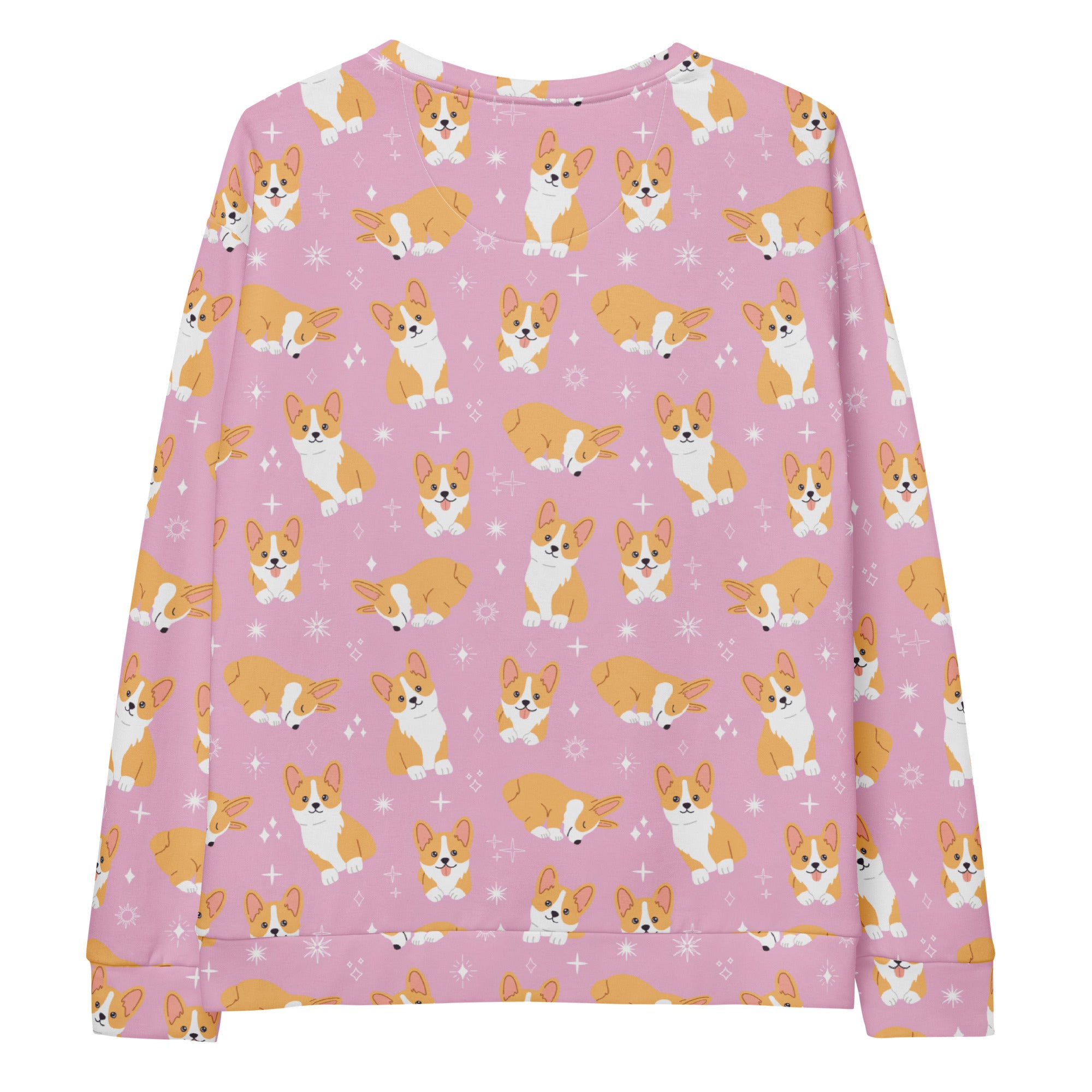 Pink corgi dog sweatshirt with brushed inner fleece fabric featuring a cartoon corgi pattern and starburst accents