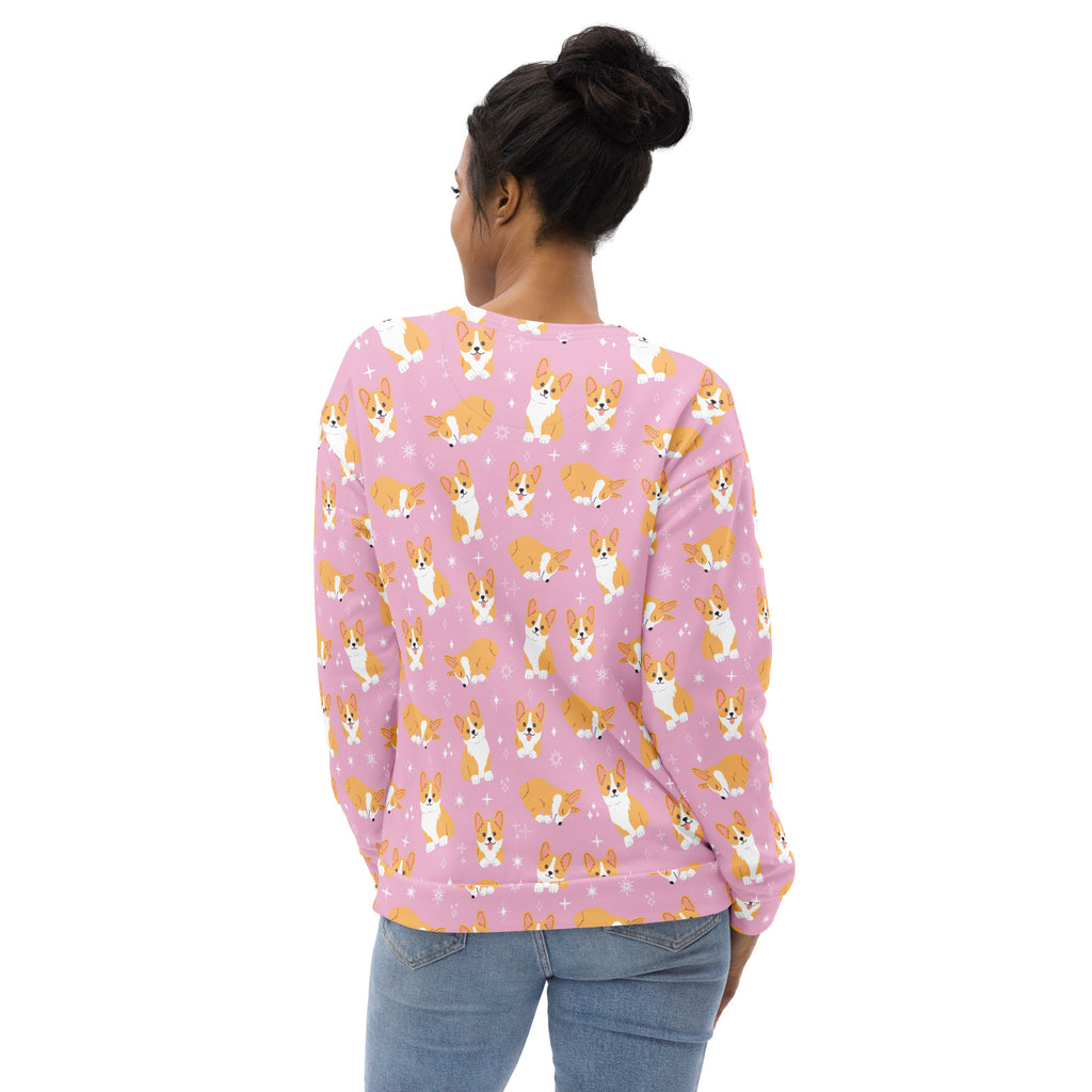 Pink long-sleeved corgi dog sweatshirt with brushed inner fleece and tan white cartoon corgi pattern with stars