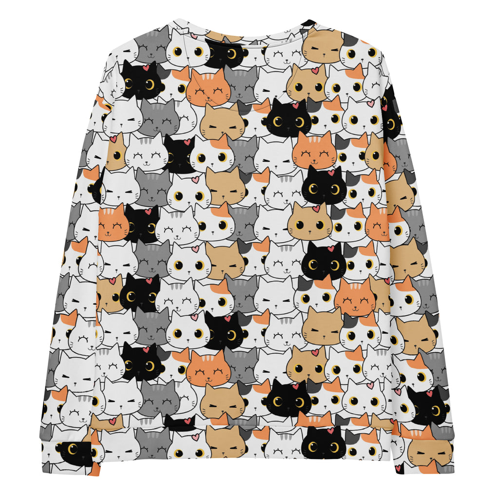 Cat face sweatshirt with brushed inner fleece fabric featuring colorful cartoon cat print on a long-sleeved top