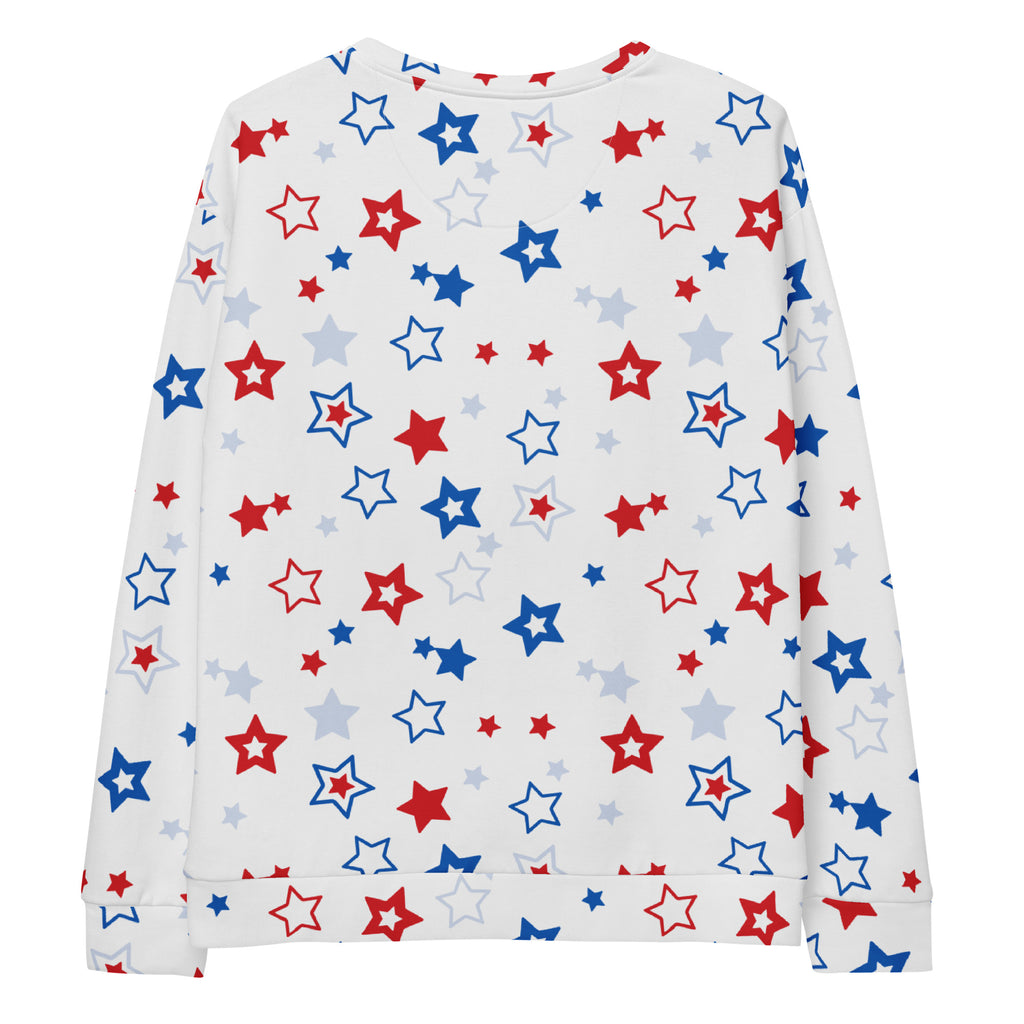 White long-sleeved sweatshirt with red blue and light gray stars and brushed inner fleece fabric for comfort