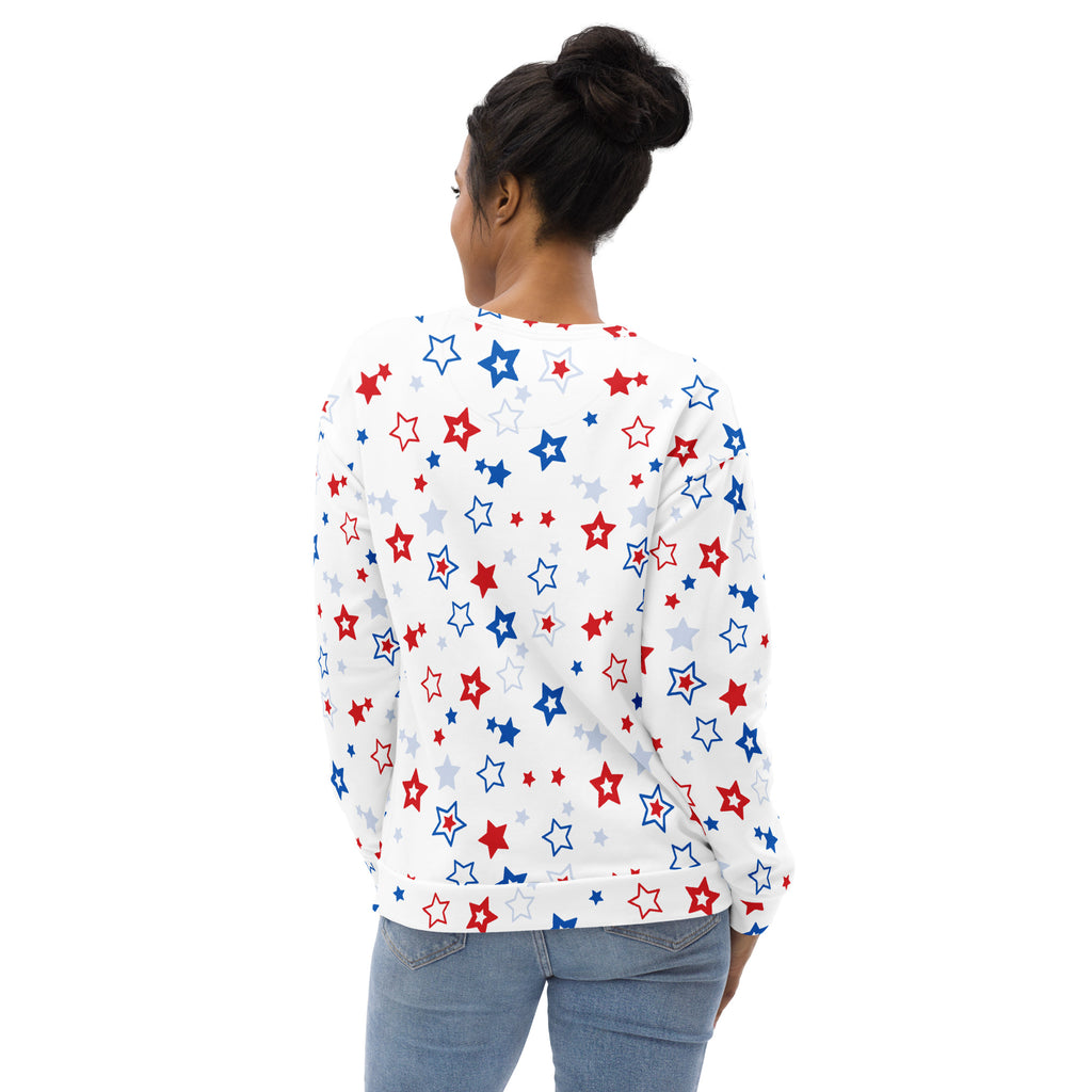 White long-sleeved sweatshirt with red blue and silver stars and brushed inner fleece fabric for comfort