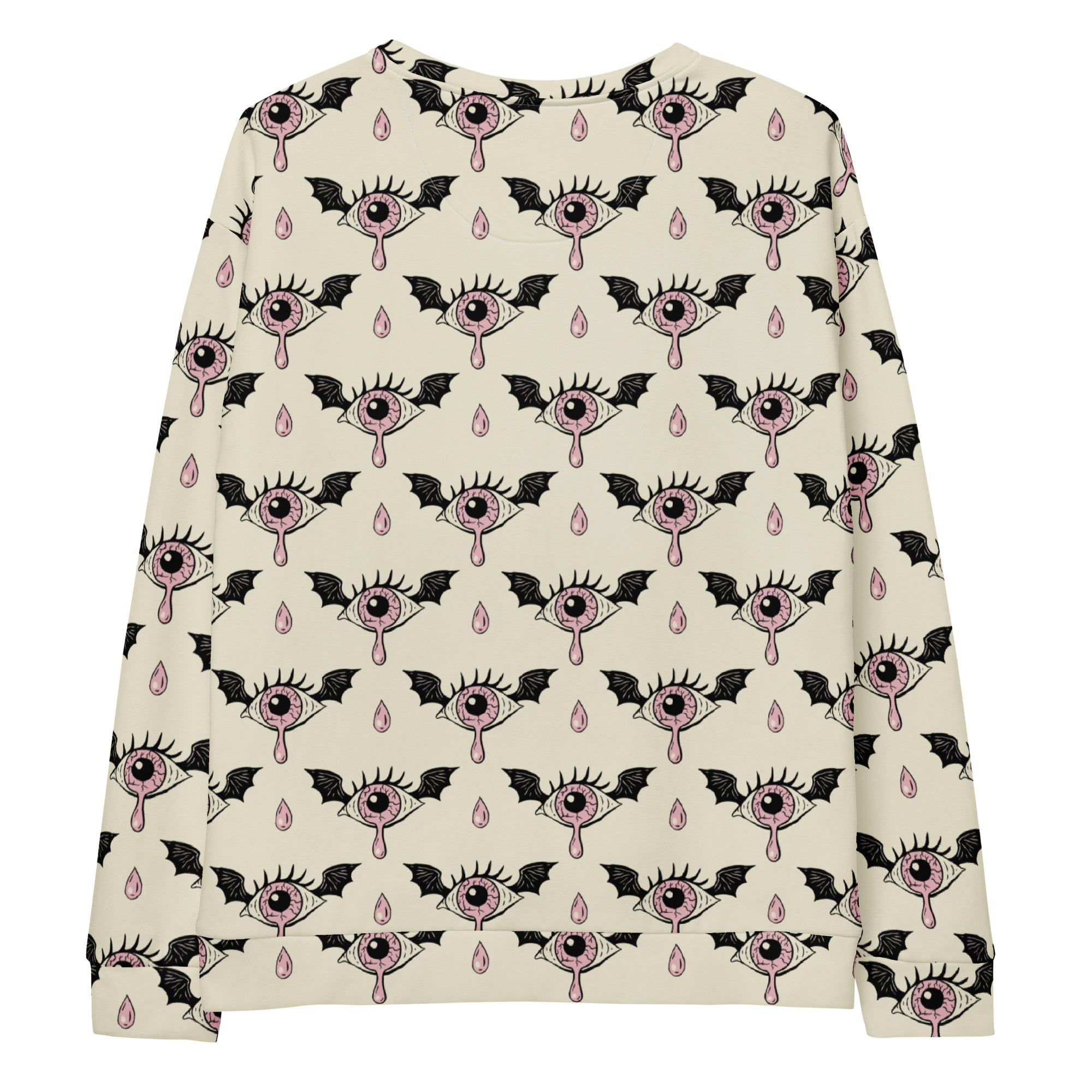 Cream-colored long-sleeved gothic eyeball halloween sweatshirt with pink and black eye wings and teardrop pattern and fleece lining