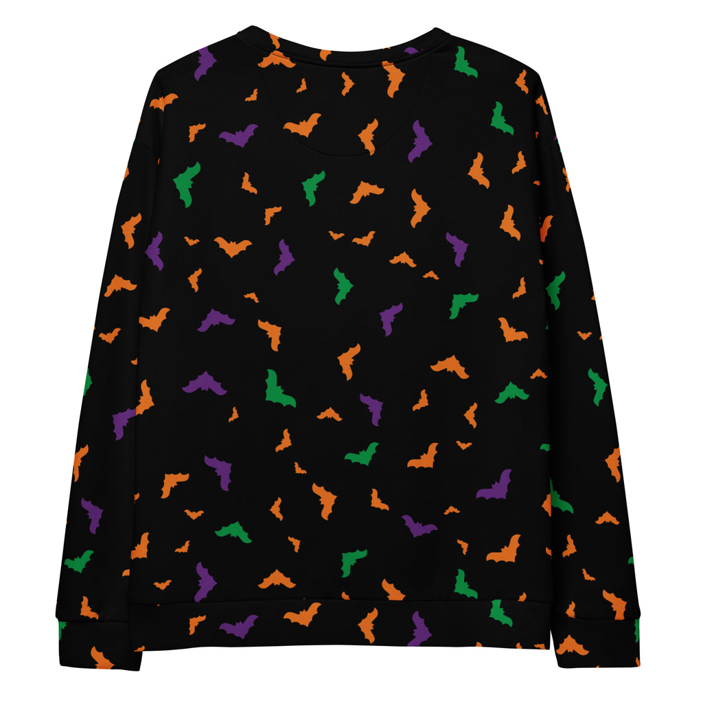 Black long-sleeved sweatshirt with colorful orange purple green bats and brushed inner fleece fabric for halloween
