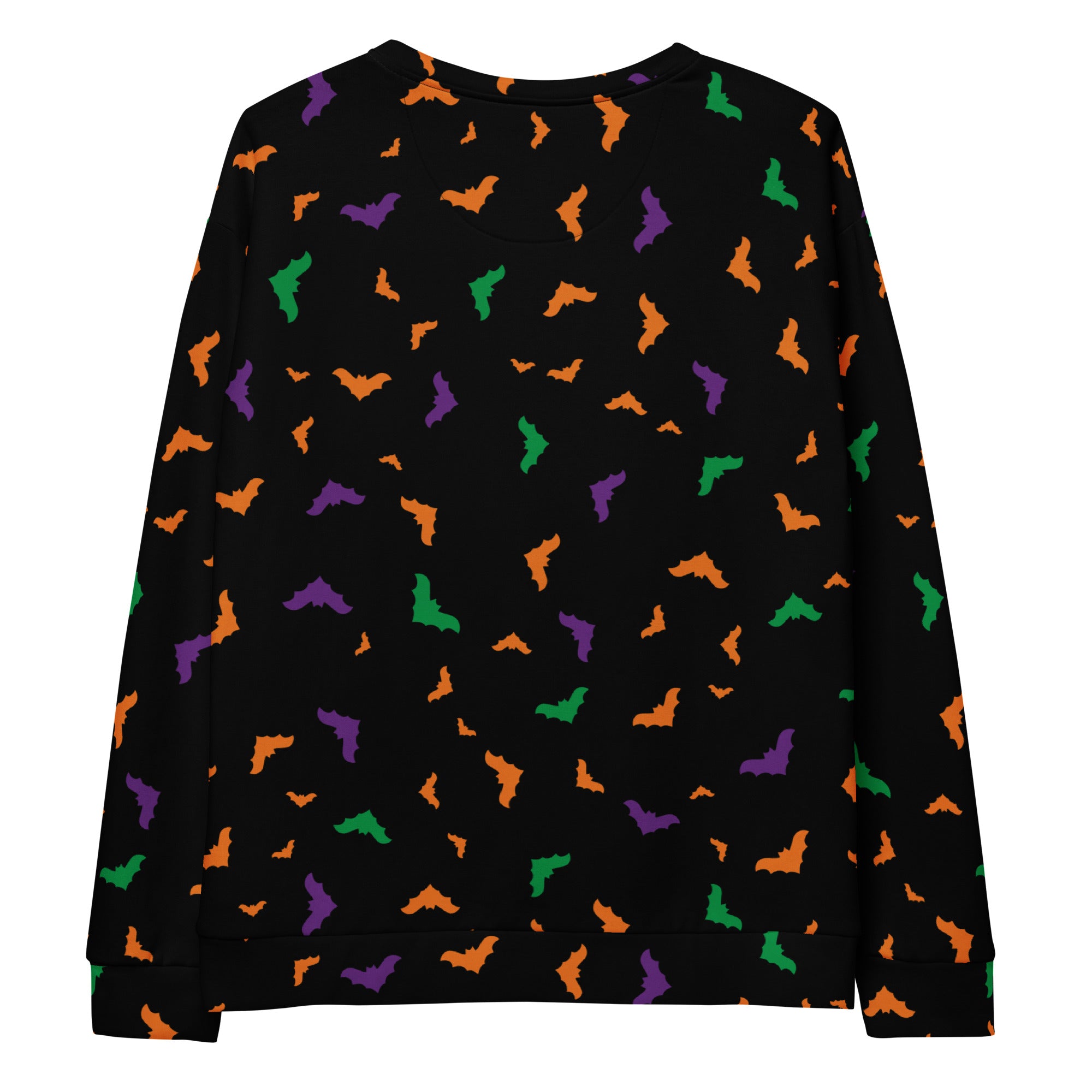 Black long-sleeved sweatshirt with colorful orange purple green bats and brushed inner fleece fabric for halloween