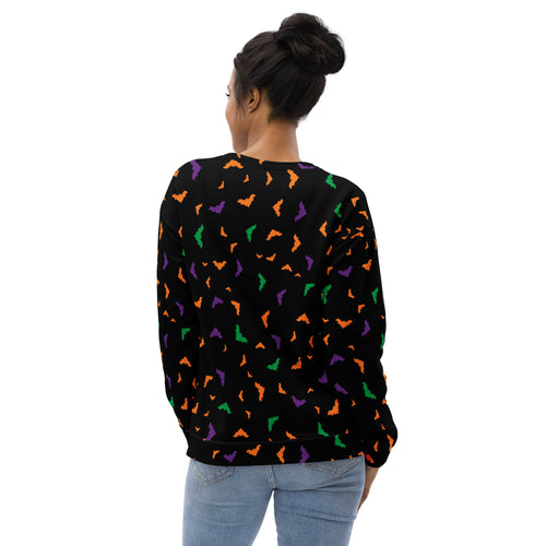 Black long-sleeved sweatshirt with playful orange purple and green bats and brushed inner fleece fabric for Halloween
