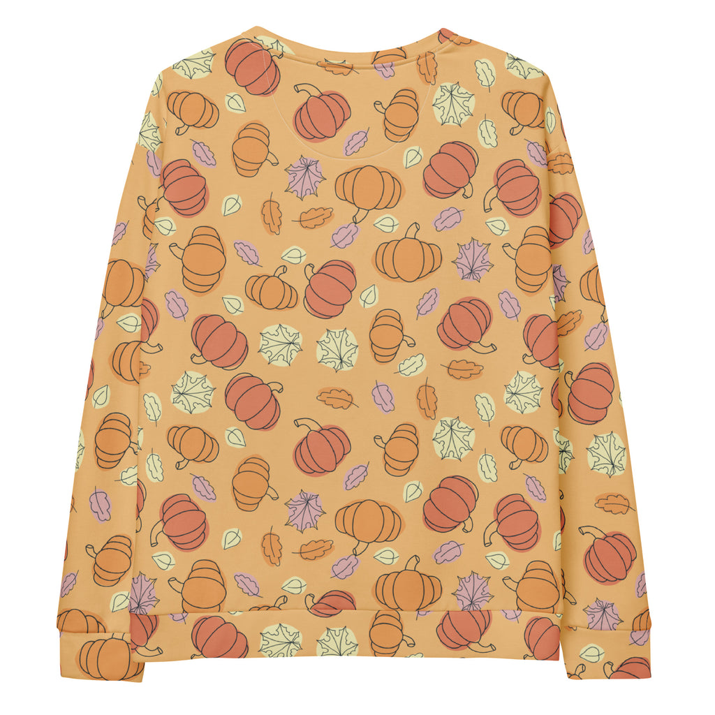 A cozy mustard-yellow sweatshirt with brushed inner fleece featuring orange pumpkins and autumn leaves pattern