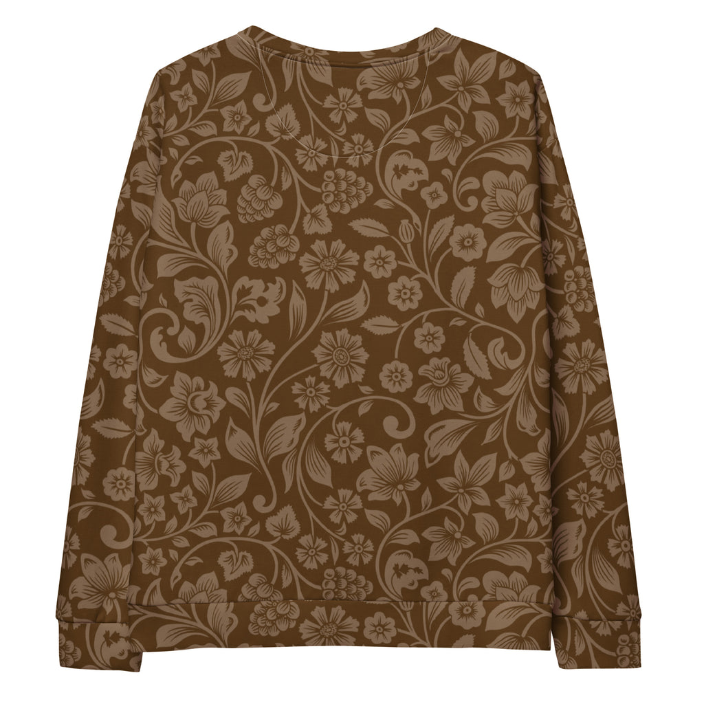 Brown floral sweatshirt with brushed inner fleece fabric featuring an intricate beige floral pattern on long sleeves