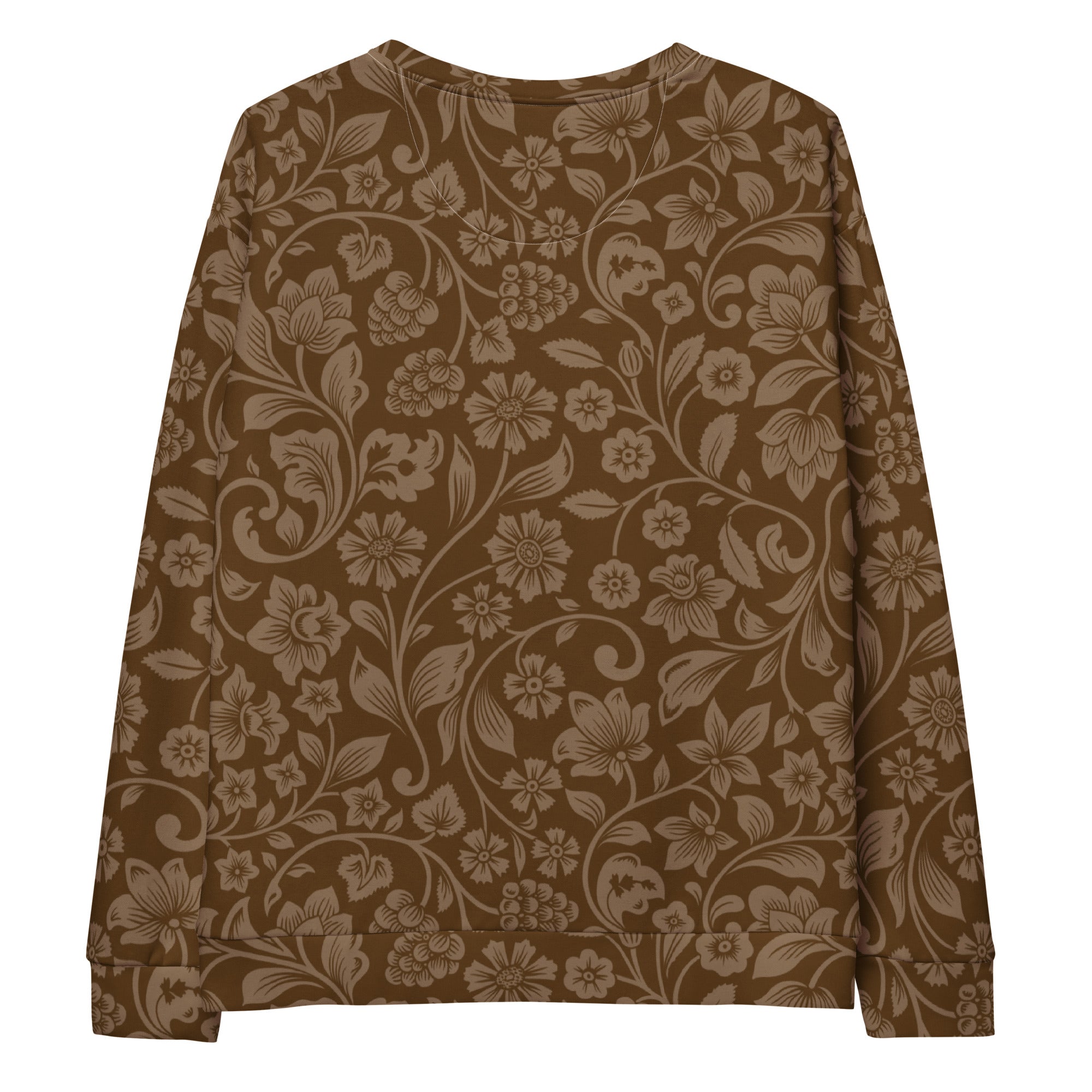 Brown floral sweatshirt with brushed inner fleece fabric featuring an intricate beige floral pattern on long sleeves