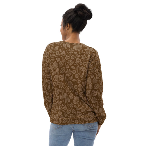 Brown floral sweatshirt with brushed inner fleece fabric featuring soft textured fabric and intricate vine design