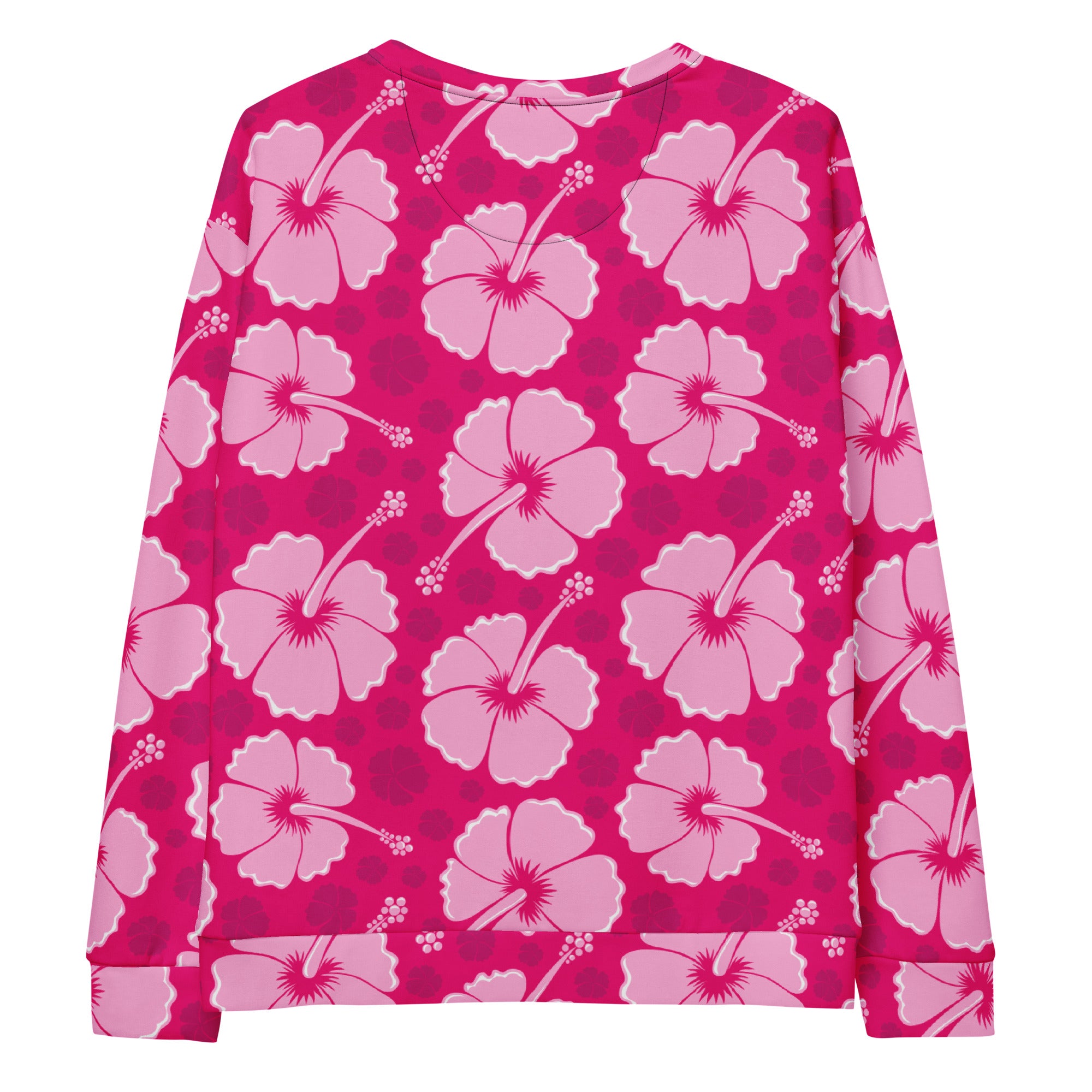 A vibrant pink tropical hibiscus sweatshirt with light pink flowers white outlines dark pink polka dots and brushed fleece interior